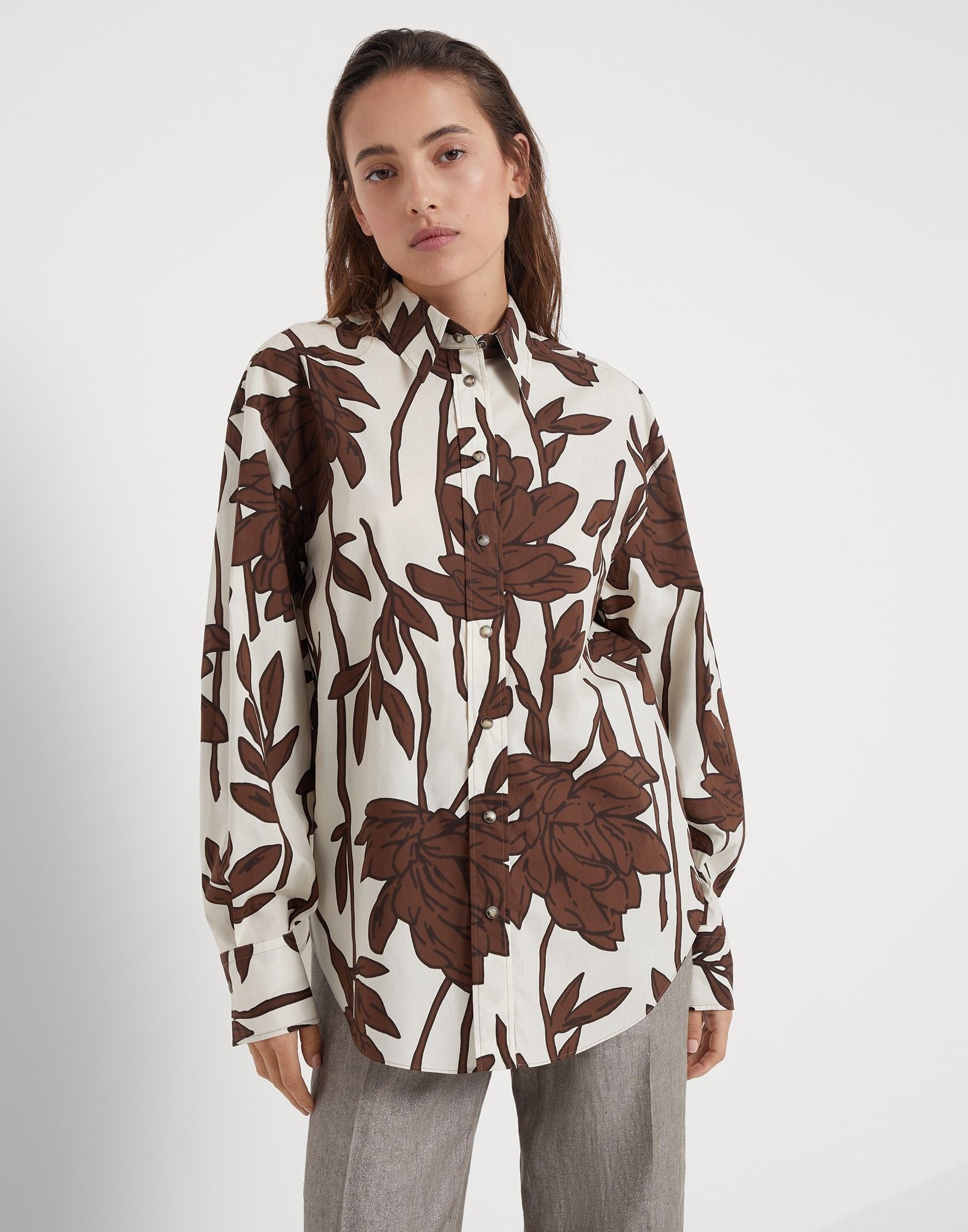 Brunello Cucinelli o1y0725 Floral-print Shirt in Dark Brown/Beige Size L / US 10 / IT 46 - 1 Thumbnail