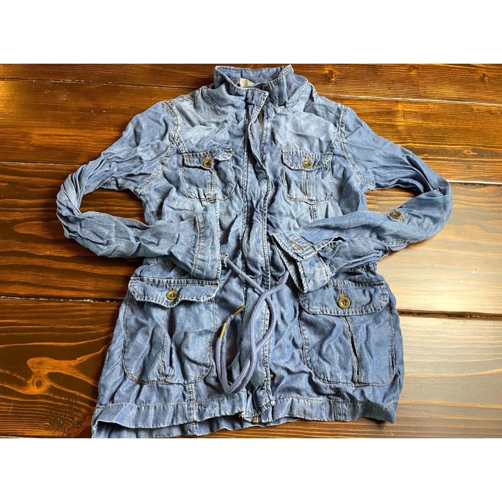 Vintage 2Sabe Jacket Women's Small Blue Chambray Full Zip Drawstring Pockets Size S / US 4 / IT 40 - 2 Thumbnail