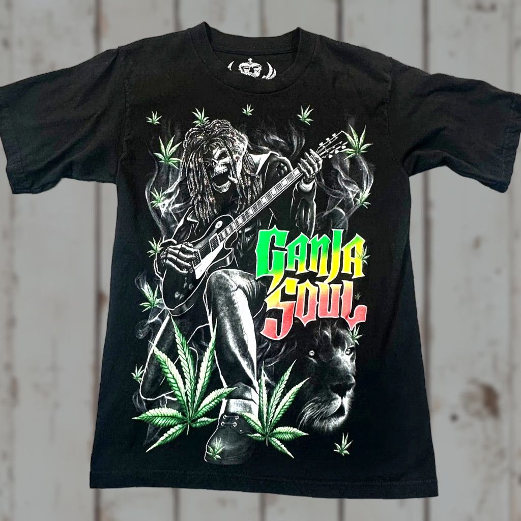 Vintage Ganja Soul Mens Medium Skeleton Dreads Guitarist Lion Rasta Marijuana Weed Tee Size US M / EU 48-50 / 2 - 1 Thumbnail