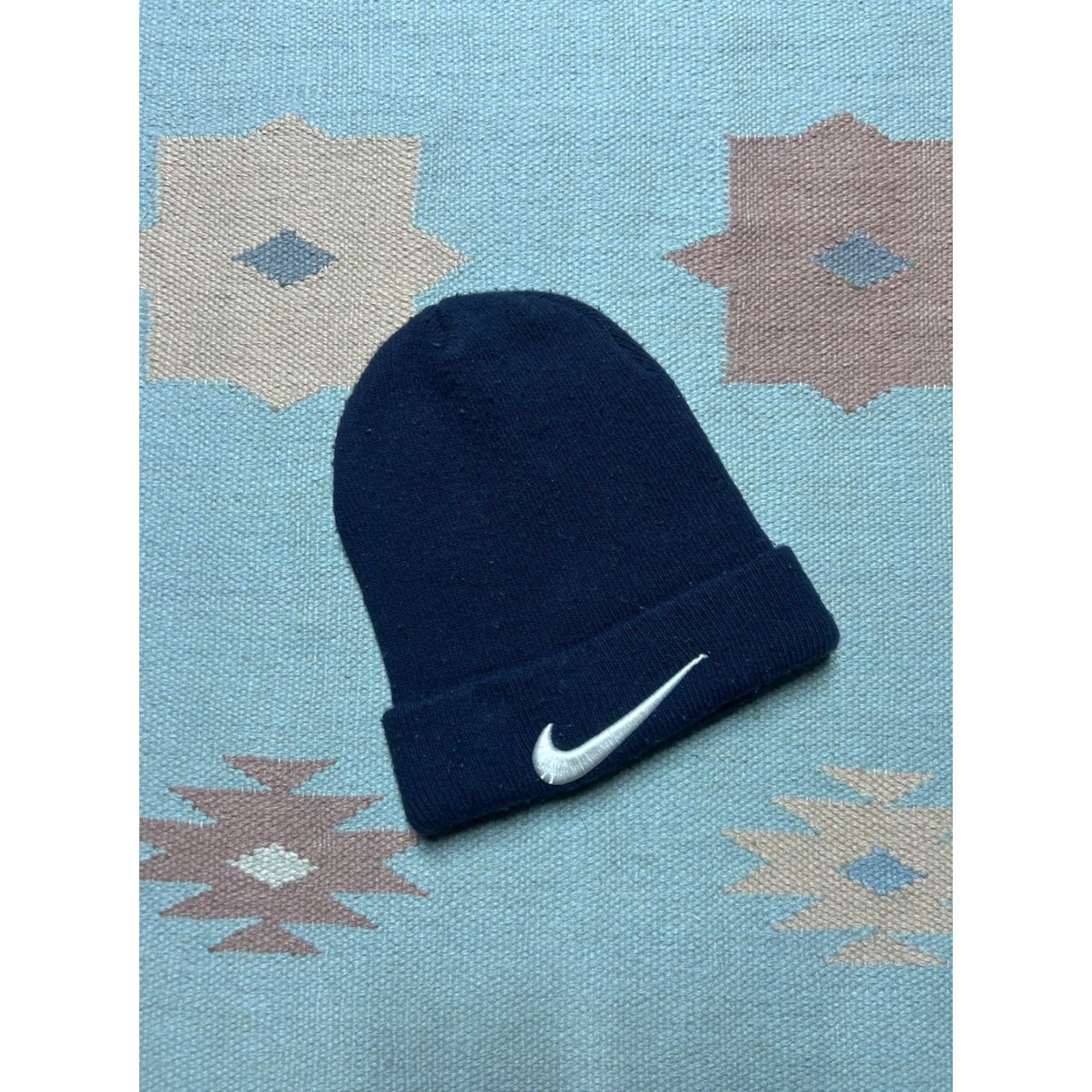 Nike VINTAGE Nike Beanie Knit Winter Hat Navy Blue Check Big Logo OSFA Mens One Size Blue Size ONE SIZE - 2 Thumbnail