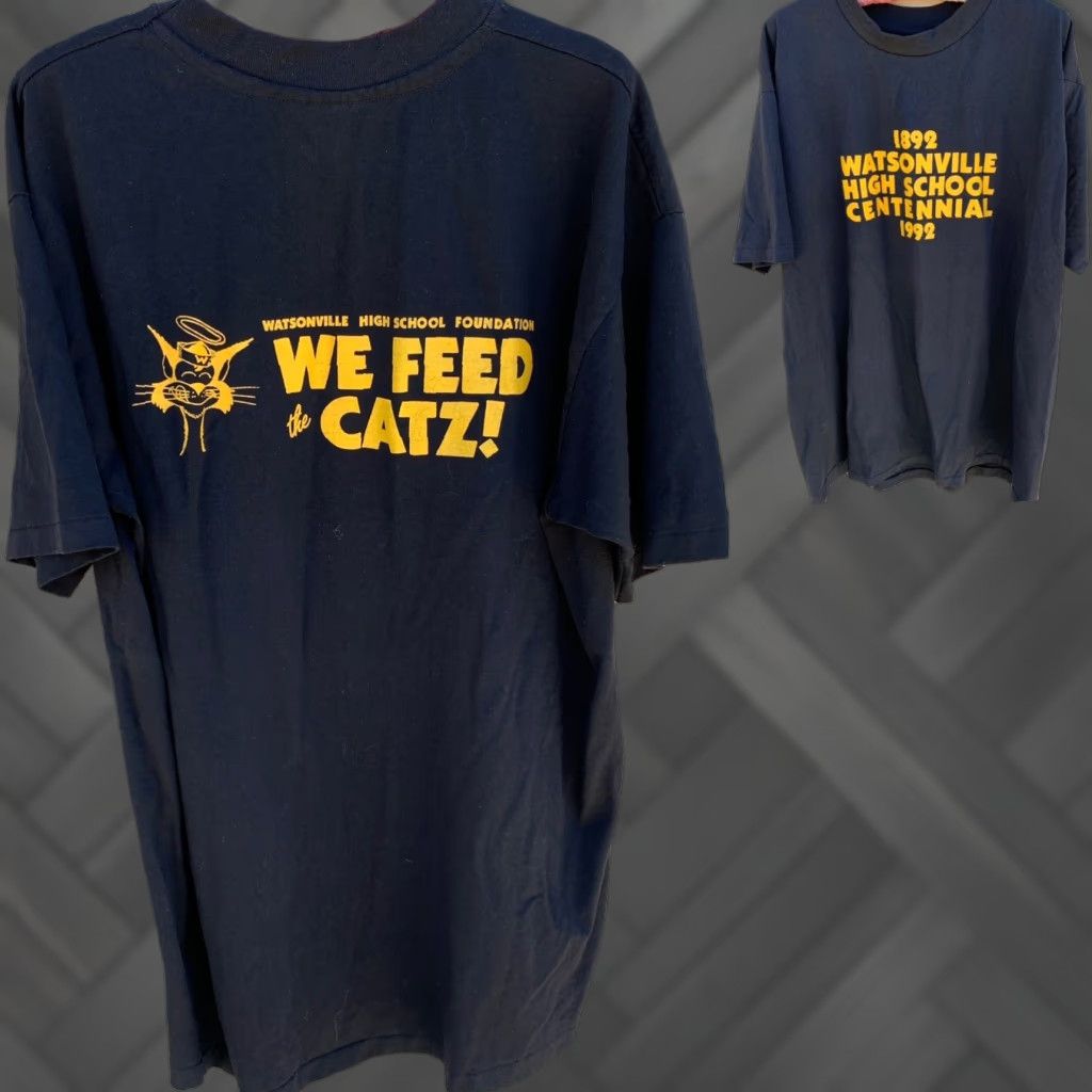 Hanes VINTAGE Watsonville High School Centennial 1992 We Feed The Cats T Shirt XL Hanes Fifty-Fifty Black Short Sleeve Mens Size US XL / EU 56 / 4 - 1 Thumbnail