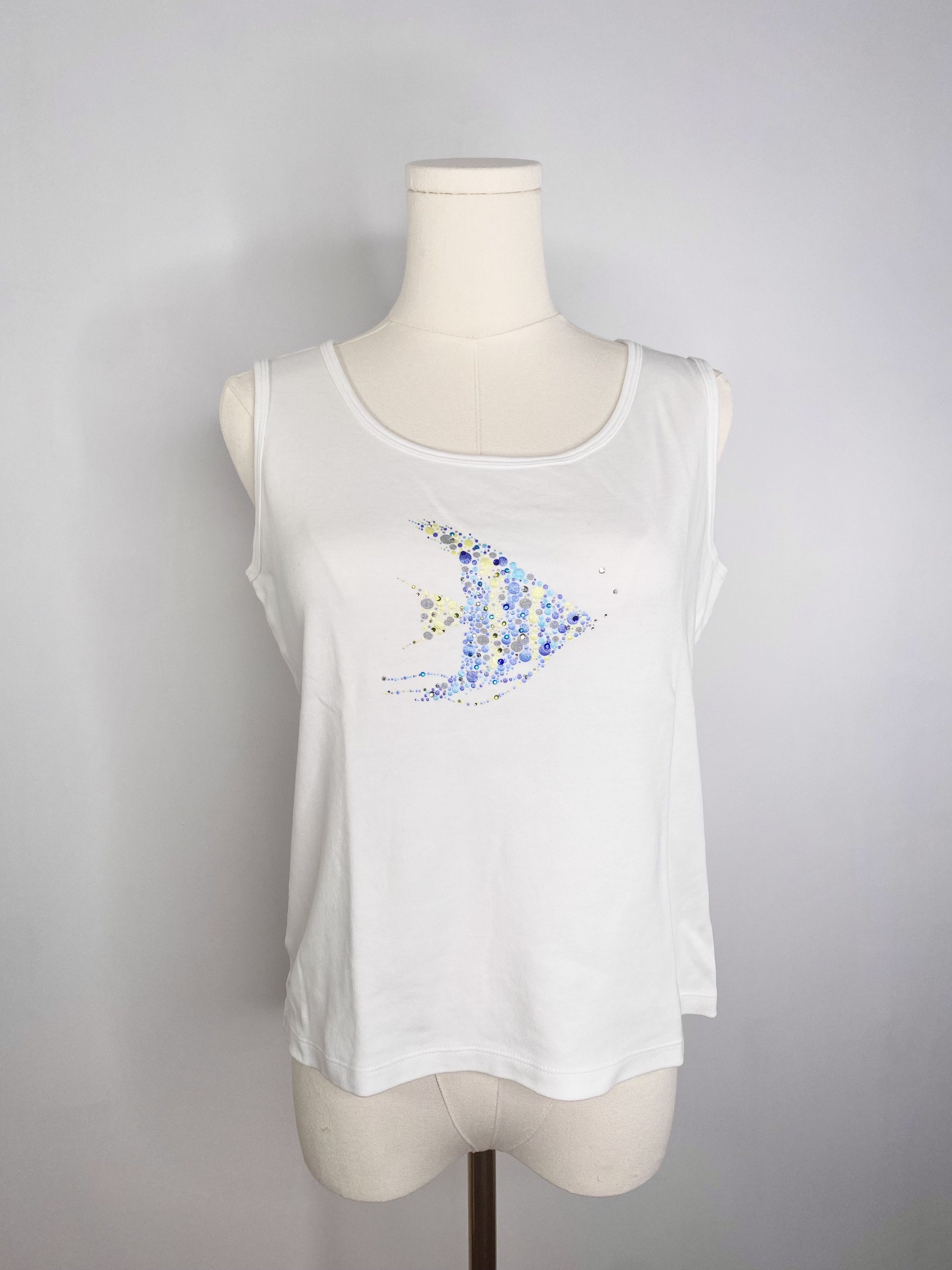Vintage Karen Scott - White Glitter Fish Camisole T-Shirt Size M / US 6-8 / IT 42-44 - 3 Thumbnail