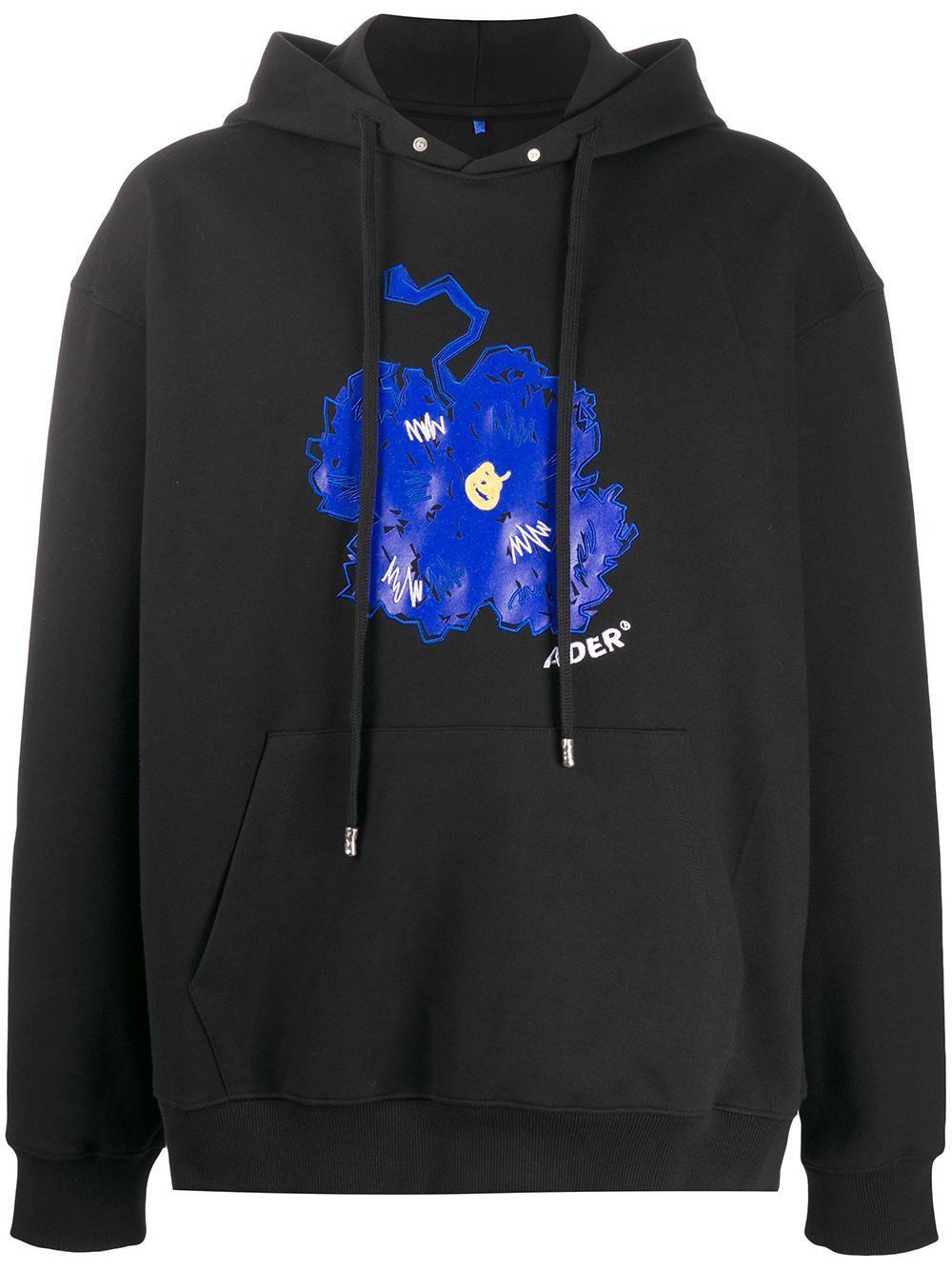image of Ader Error Blue Flower Black Hoodie, Men's (Size XL)