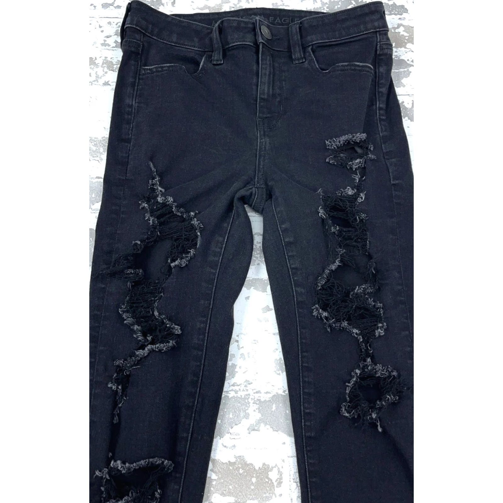 American Eagle Outfitters VINTAGE American Eagle Jeans Women 4 High Rise Jegging Black Faded Distressed 5-Pocket Comfort Stretch Size 27" / US 4 / IT 40 - 4 Thumbnail