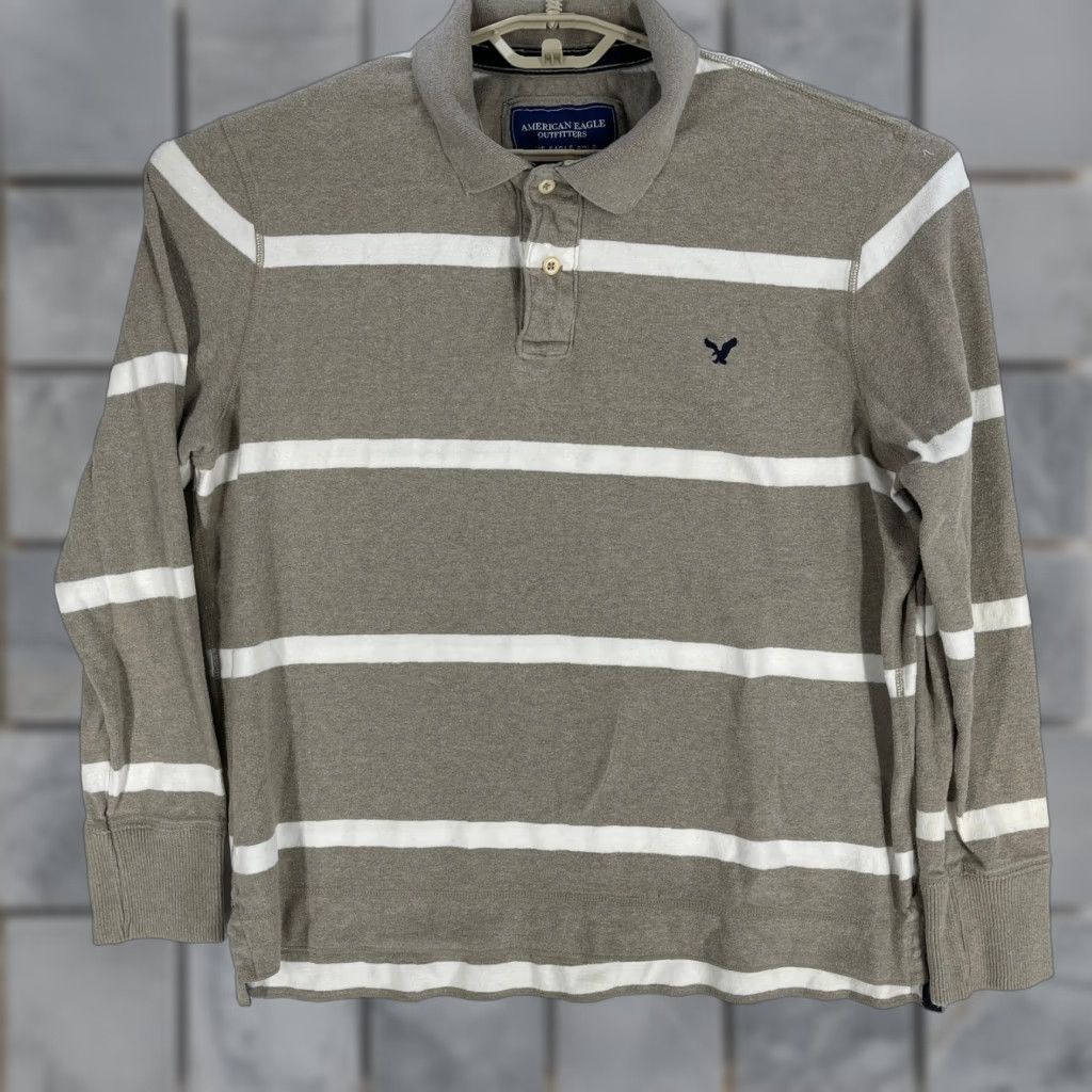 American Eagle Outfitters VINTAGE Y2K American Eagle Polo Shirt Striped Brown White 100% Cotton Men XL Long Sleeve Shirt Size US XL / EU 56 / 4 - 1 Thumbnail