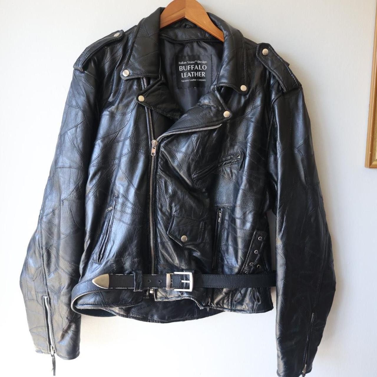 image of Vintage Black Leather Biker Jacket, Men's (Size Large)