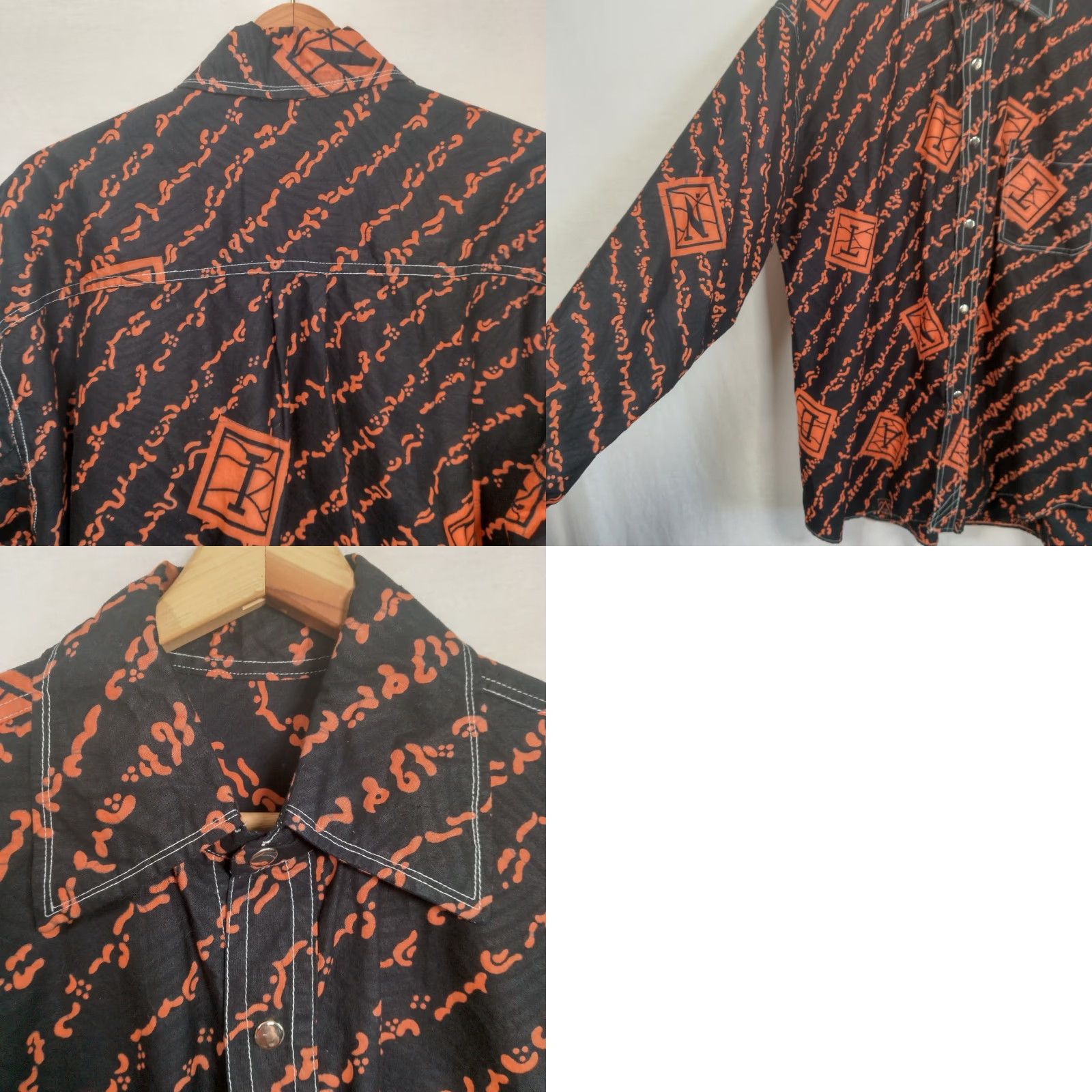 MadeMe VINTAGE Homemade African Tribal Print Shirt Men XL Black Orange Long Sleeve Snap Collar Size US XL / EU 56 / 4 - 9 Thumbnail