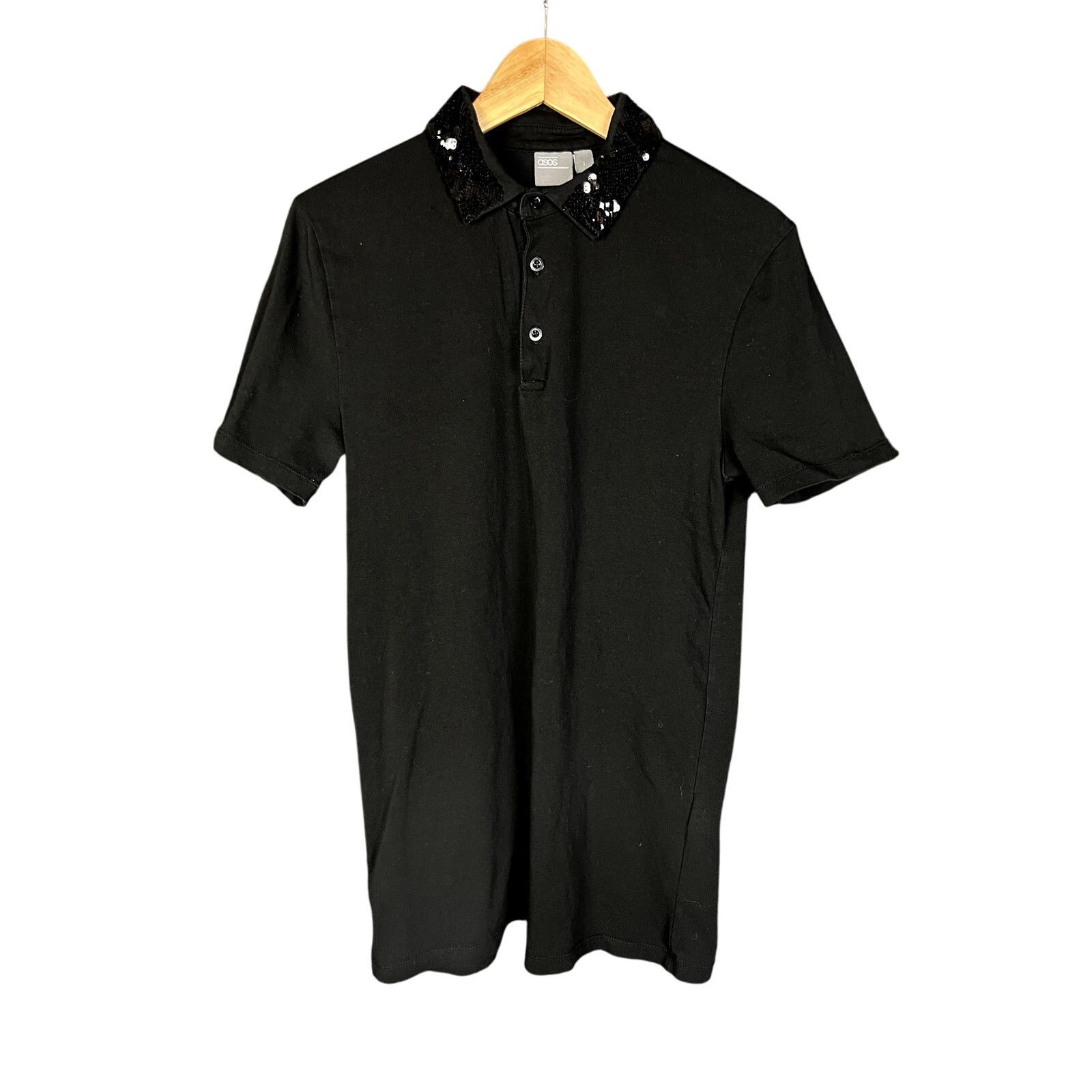 Asos Men's Asos Black Sequin Collar Festive Holiday Polo - L Size US L / EU 52-54 / 3 - 1 Thumbnail