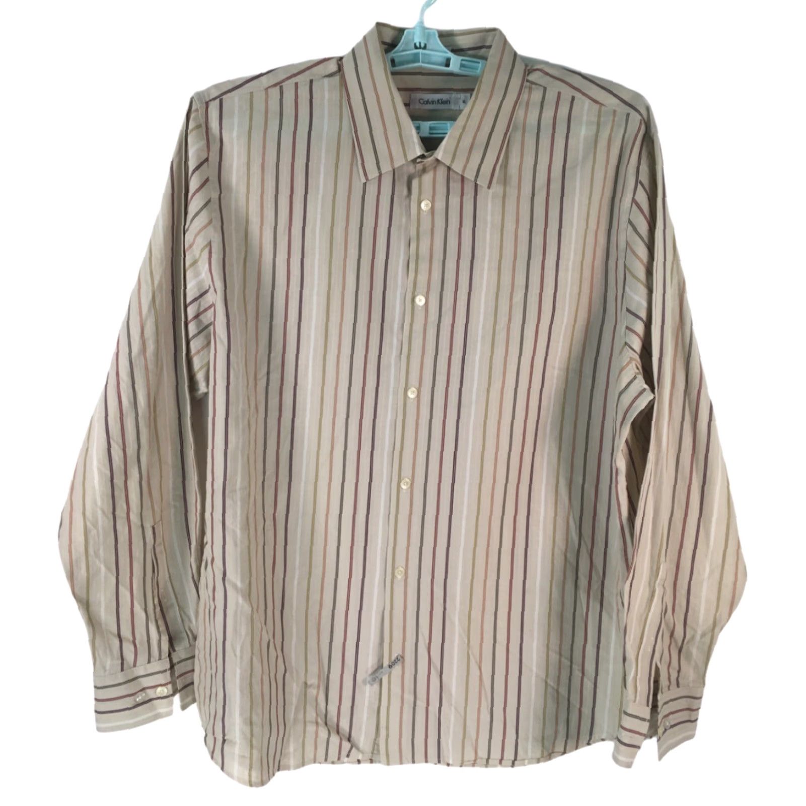 Calvin Klein Calvin Klein Mens Striped 100% Cotton Long Sleeve Button Down Tan Shirt Size XL Size US XL / EU 56 / 4 - 2 Thumbnail