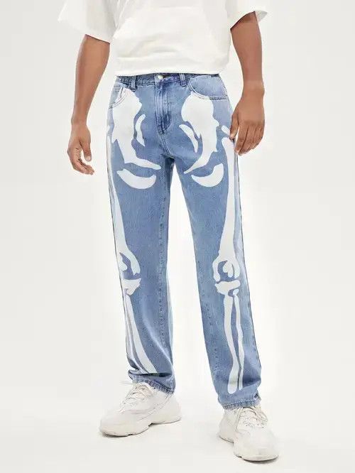 Japanese Brand × Vintage Retro Punk Pants Denim Vintage Skeleton Print Size US 32 / EU 48 - 2 Thumbnail