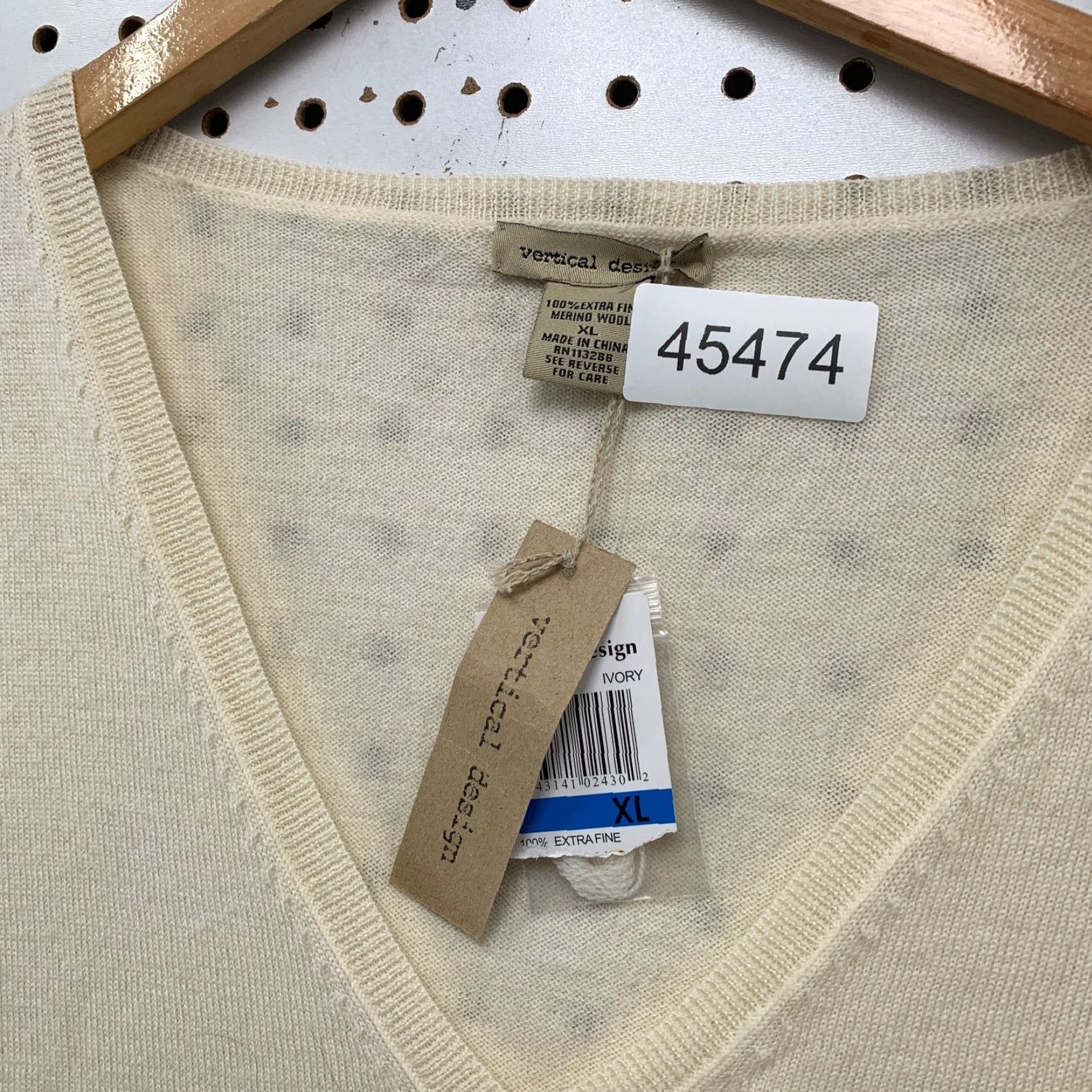 Vintage Vertical Design Sweater Womens XL Ivory Pockets 100% Merino V Neck Size XL / US 12-14 / IT 48-50 - 6 Thumbnail