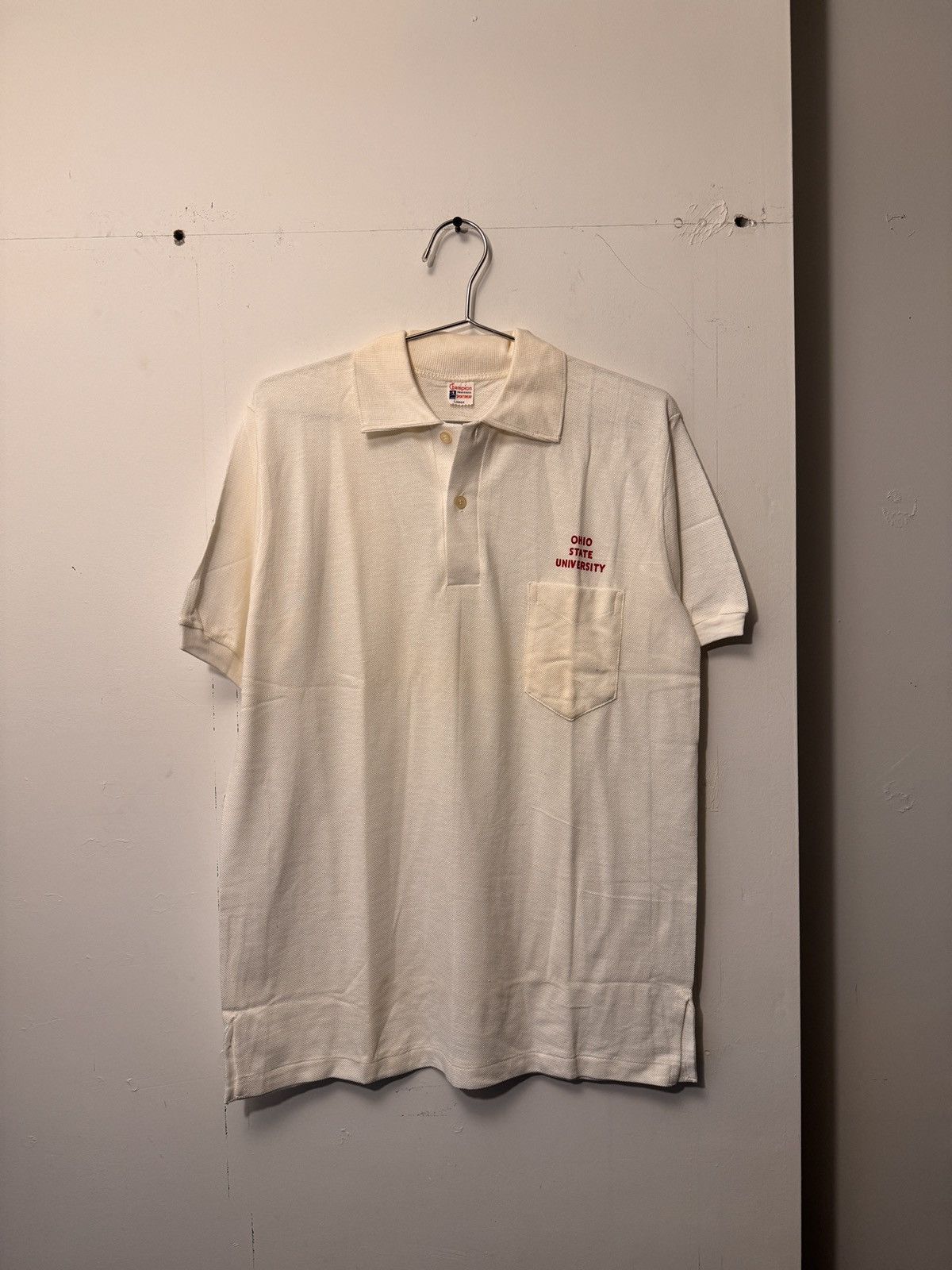 image of Vintage 50S Champion Running Man Ohio State University Polo in White, Men's (Size Large)