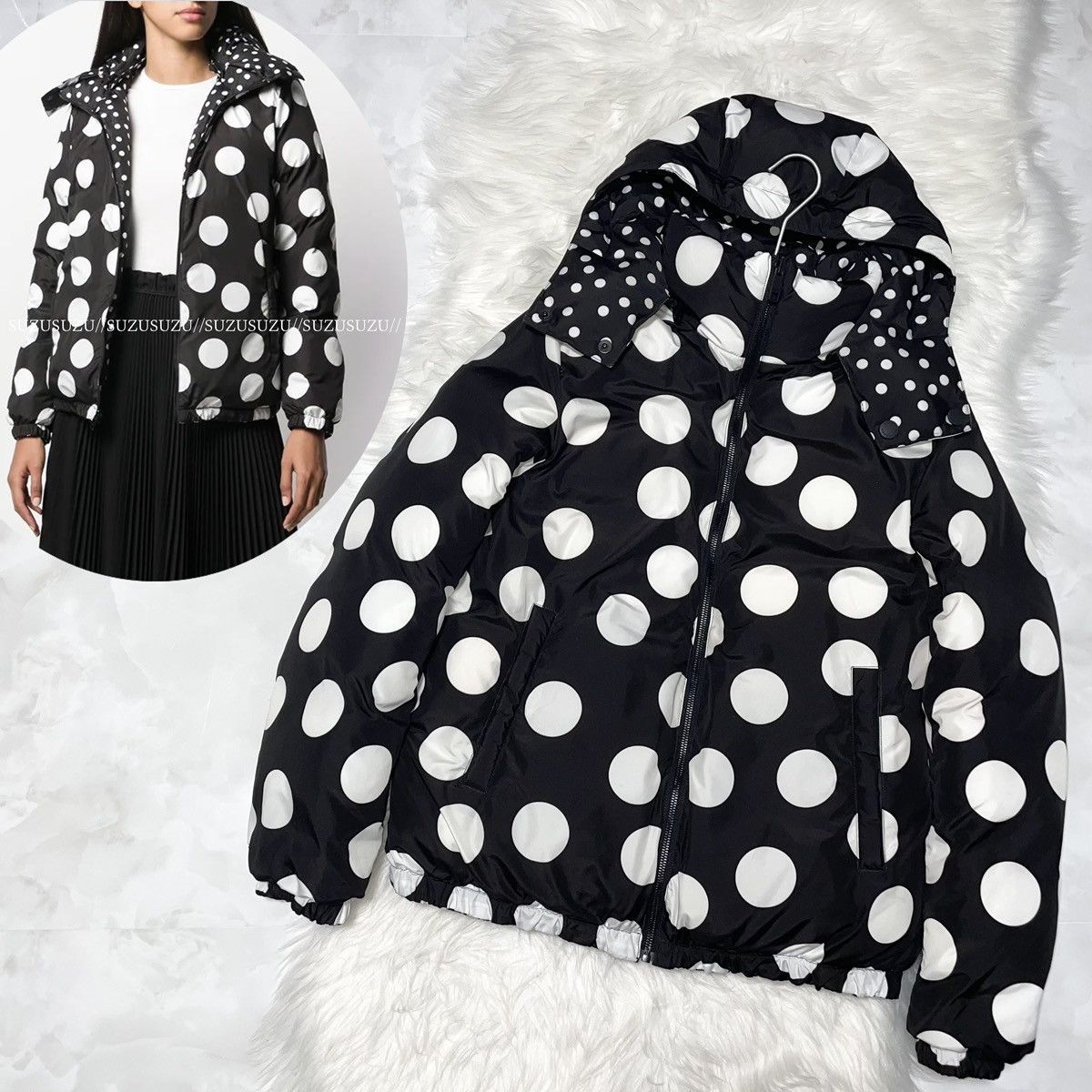 image of Dolce Gabbana Hooded Reversible Polka Dot Down Jacket 38 in Black/White, Women's (Size XS)