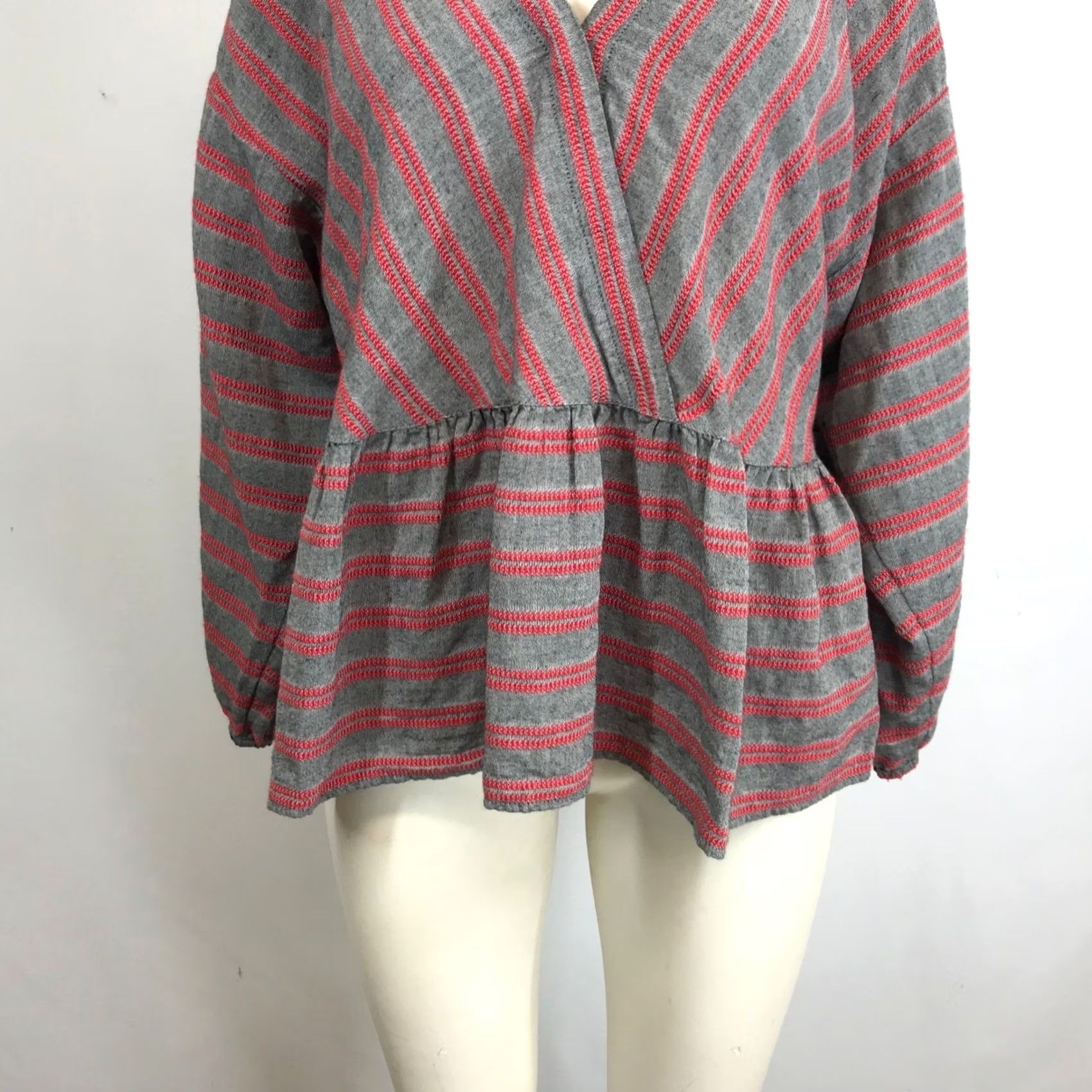 Madewell Madewell Striped V Neck Peplum Top Red Grey XL Cotton Blend Boho Casual Blouse Size XL / US 12-14 / IT 48-50 - 3 Thumbnail