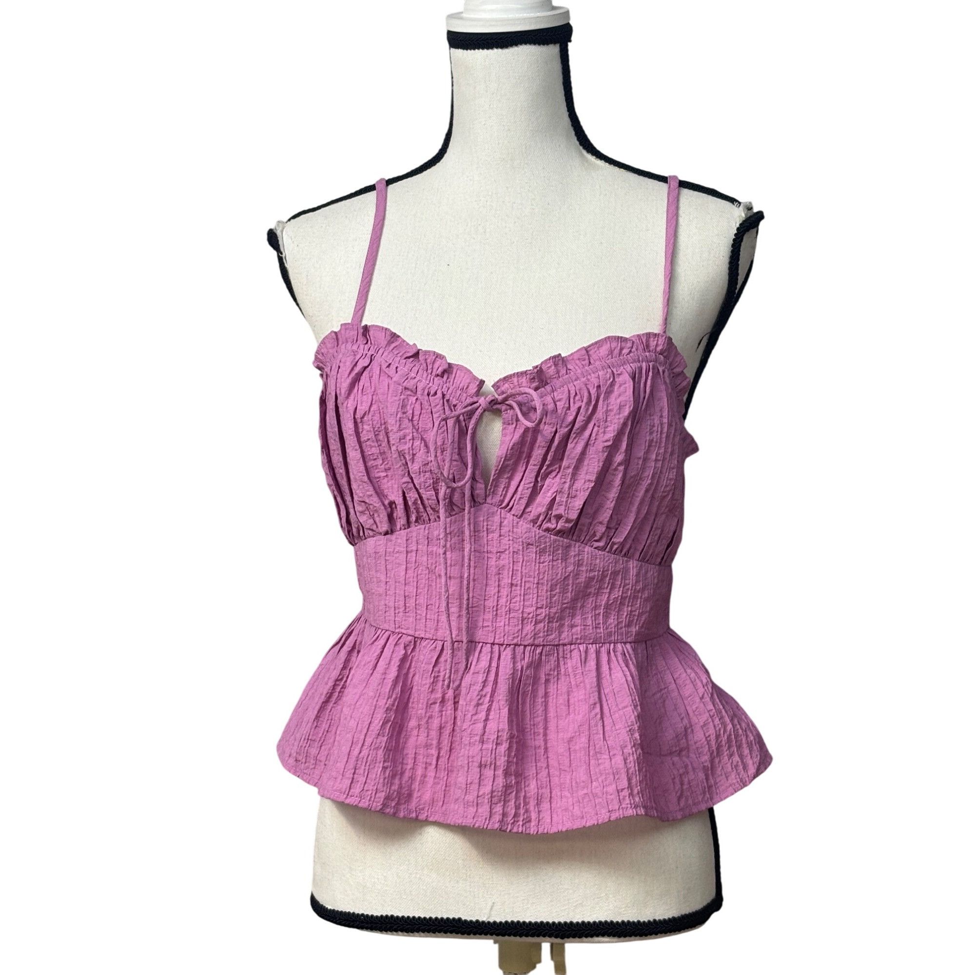 Other Lush Strappy Crinkle Fabric Lace Back Peplum Top, Pink Orcha Size L / US 10 / IT 46 - 9 Thumbnail