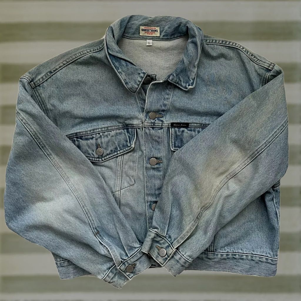 Guess VINTAGE GUESS Denim Trucker Jacket Women’s L Blue 90s Made in USA Button Collared Short Sleeve 100% Cotton Size 36" / US 14 / IT 50 - 1 Thumbnail