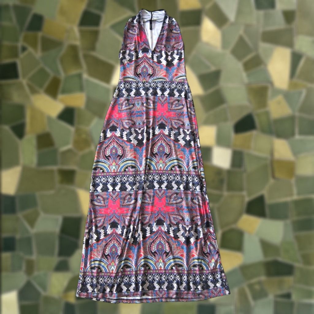 Vintage Viereck Blue Pink Floral Paisley Sleeveless Stretch High Neck Long Maxi Dress M Size M / US 6-8 / IT 42-44 - 1 Thumbnail