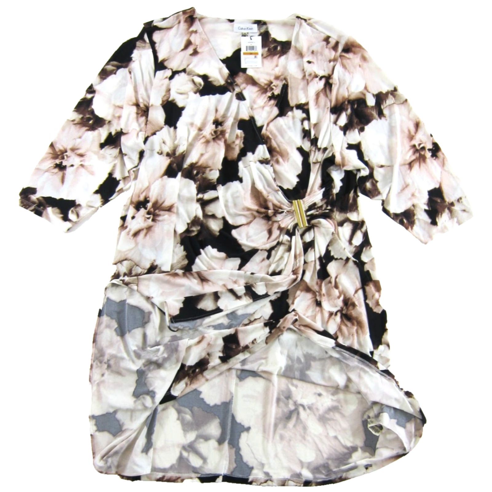 Calvin Klein Calvin Klein Dress NWT Wrap Midi Short Sleeve Floral 3X Womens Brown Pink Ivory Polyester Spandex Wrap Dress Size 40" / US 18 - 5 Thumbnail