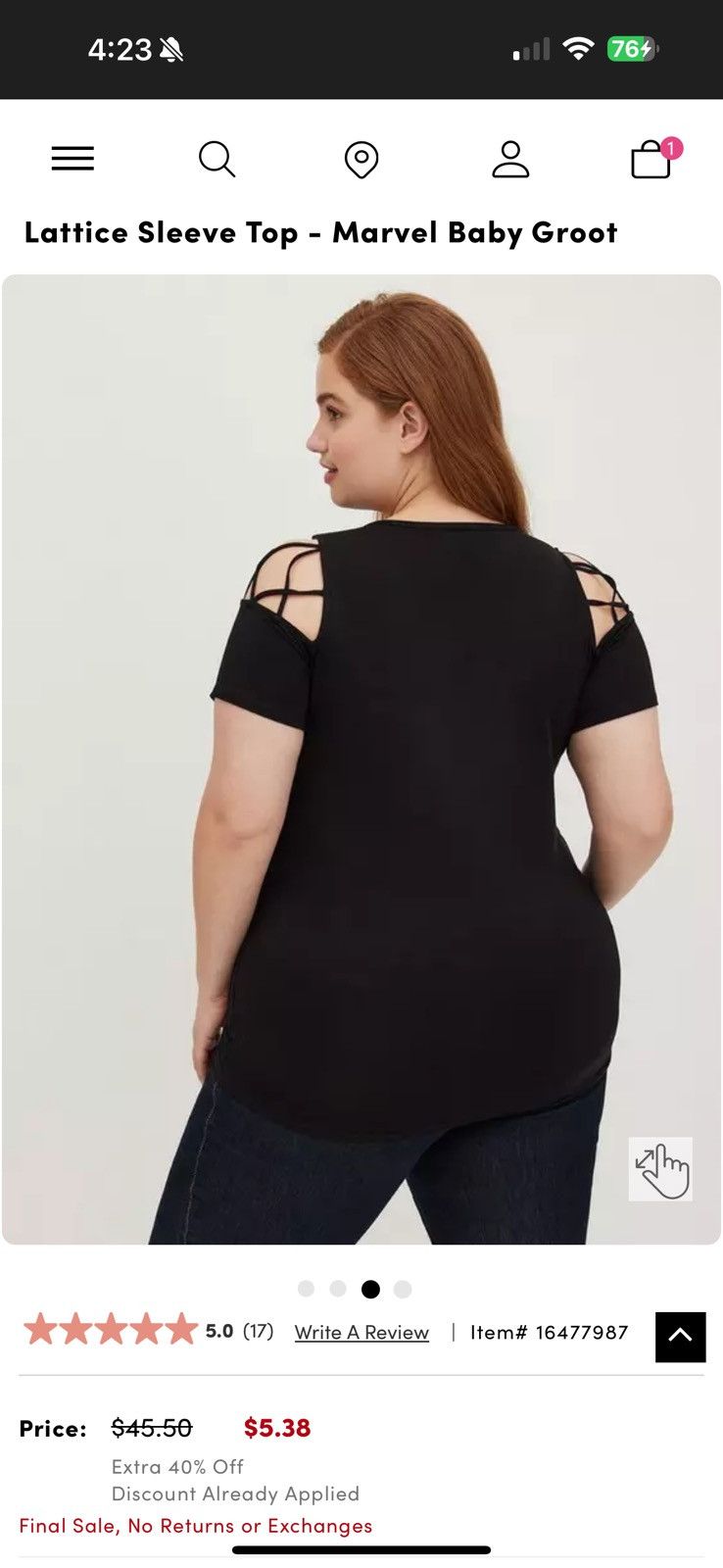 Torrid Torrid Marvel Size 5X Baby Groot Lattice Sleeve Top Size ONE SIZE - 3 Thumbnail