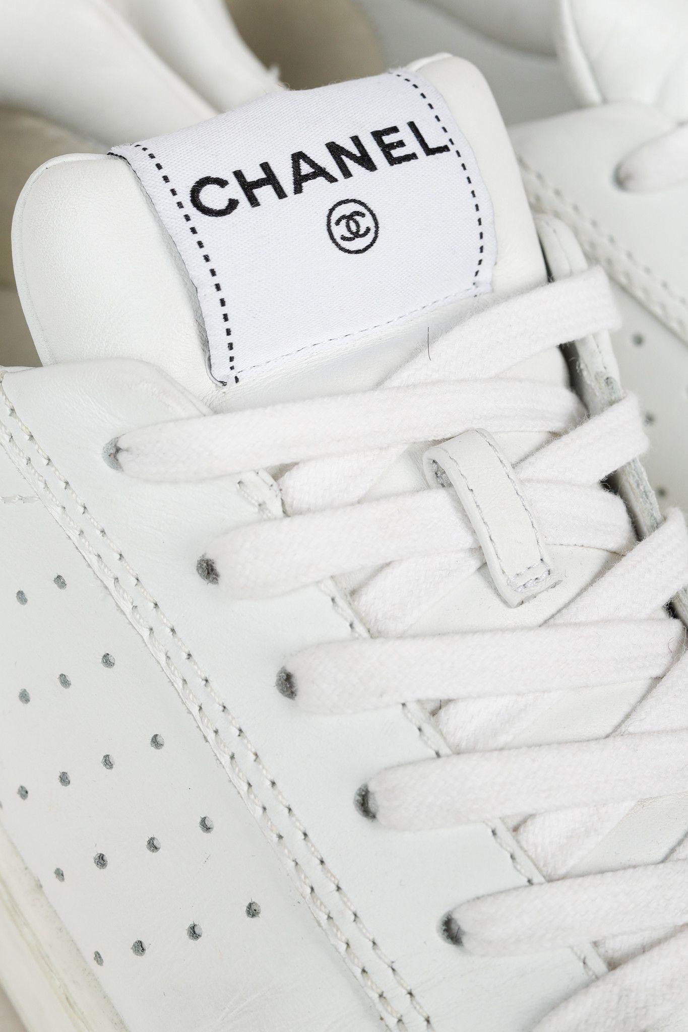 Chanel Chanel White Perforated Logo Leather Lace-Up Sneakers Size US 10.5 / IT 40.5 - 7 Thumbnail