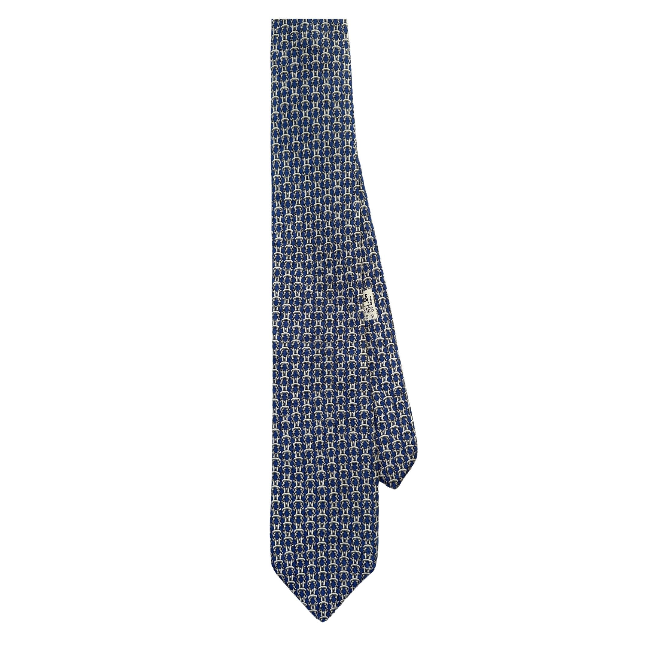 Hermes Tie Silk Chain Link Yellow on Dark Blue Size ONE SIZE - 3 Thumbnail