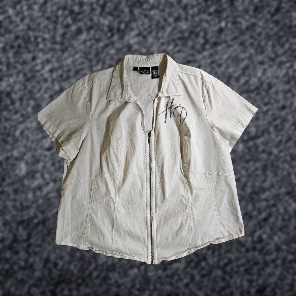 Harley Davidson Harley Davidson HD Embellished White Short Sleeve Full Zip Shirt Women's 3W Rhinestones Size XS / US 0-2 / IT 36-38 - 1 Thumbnail