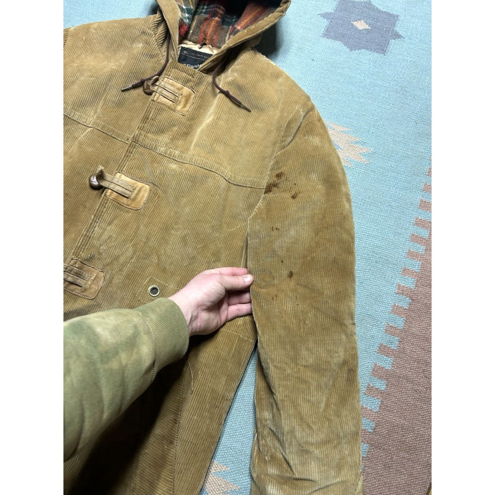 JCPenney VINTAGE JCPenney Corduroy Jacket Overcoat Hooded Lined Distressed Large 42 Men Jacket Corduroy Beige 70s Size US L / EU 52-54 / 3 - 5 Thumbnail