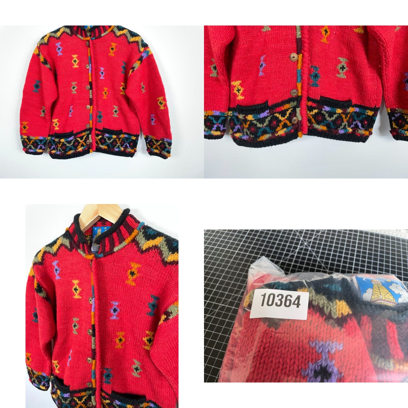 Vintage VINTAGE Icelandic Design Cardigan Women’s Small/Medium Red Geometric Knit Wool Crew Neck Long Sleeve Size M / US 6-8 / IT 42-44 - 9 Thumbnail