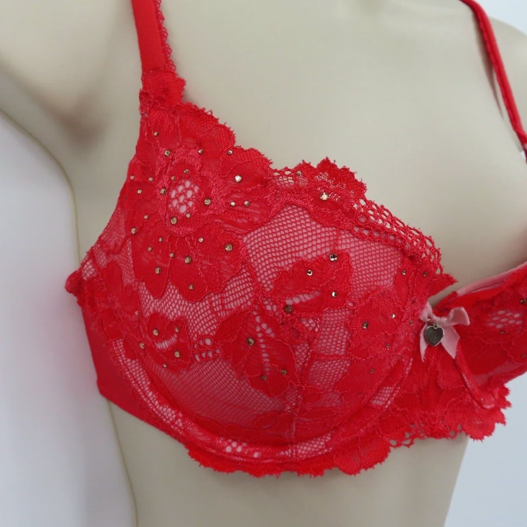 Victoria's Secret Victoria's Secret Body by Victoria Lined Demi Bra 32D Red Lace Rhinestone Bow Underwired Night/Noir? (Note: only original words) Size ONE SIZE - 2 Thumbnail