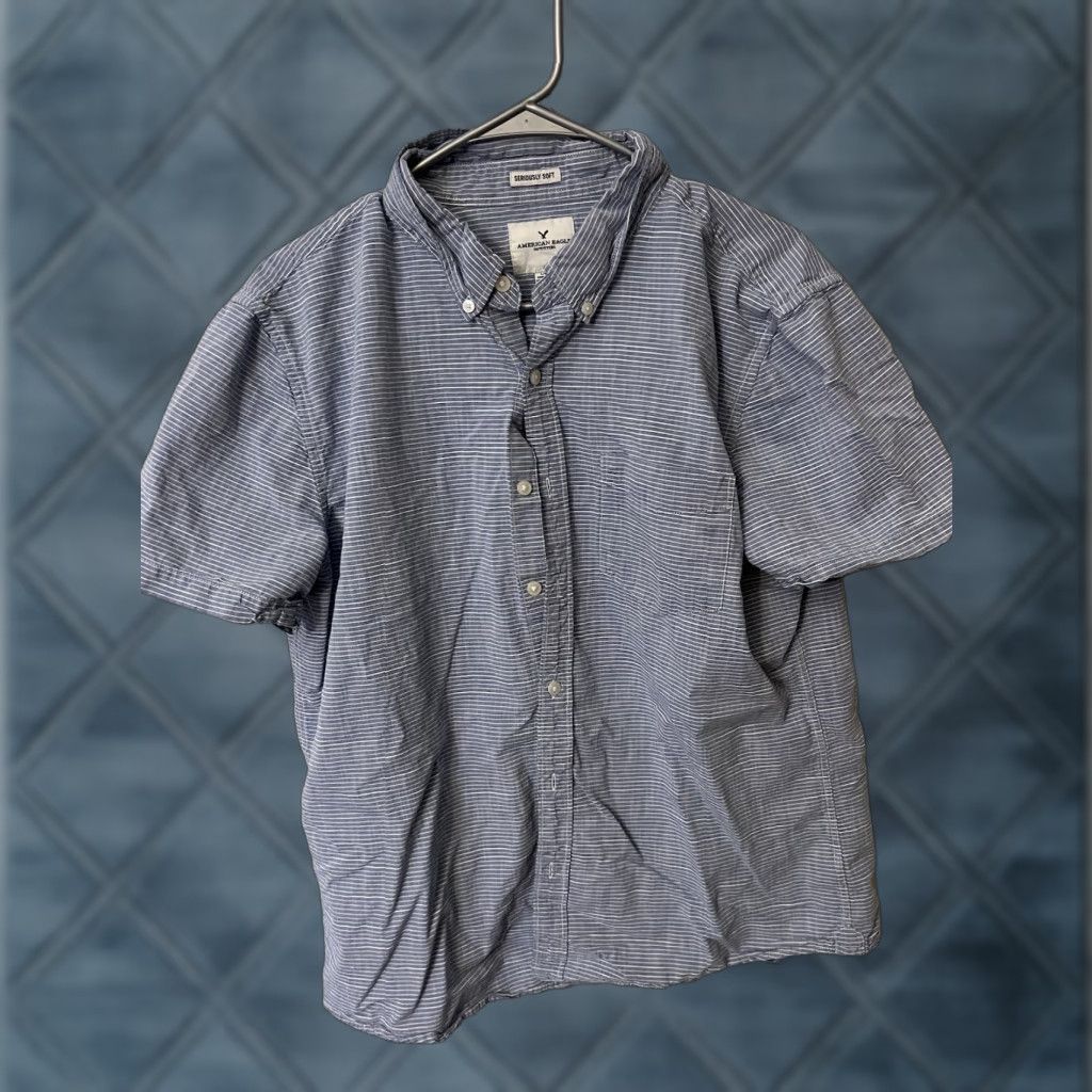 American Eagle Outfitters American Eagle Outfitters Button-Up Shirt Mens Large Short Sleeve Striped Blue Cotton Classic Preppy Plaid Check Collared Button-Down 90s? Size US 33 - 1 Thumbnail