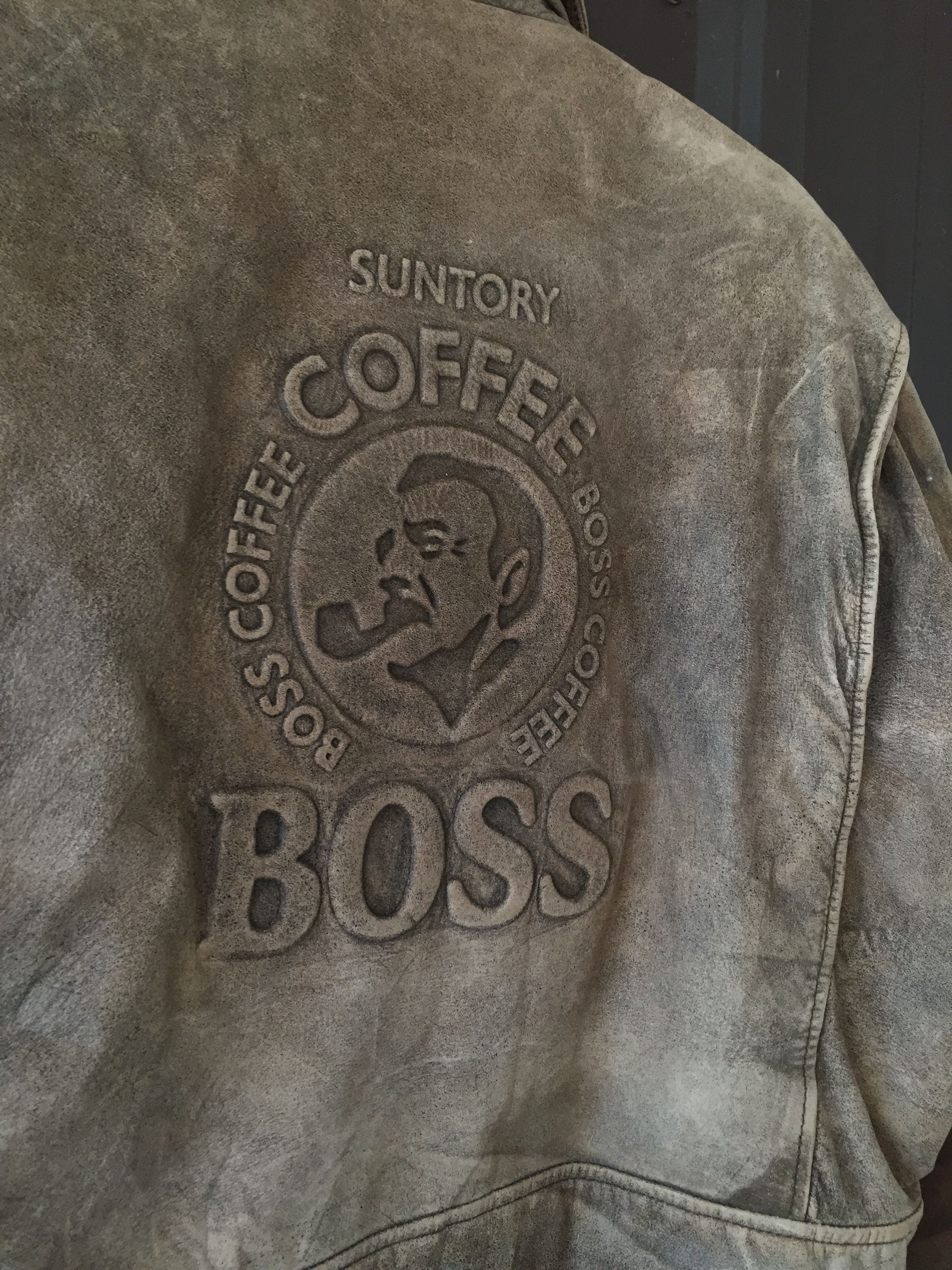 Distressed Worn Suntory Coffee Boss Leather Jacket