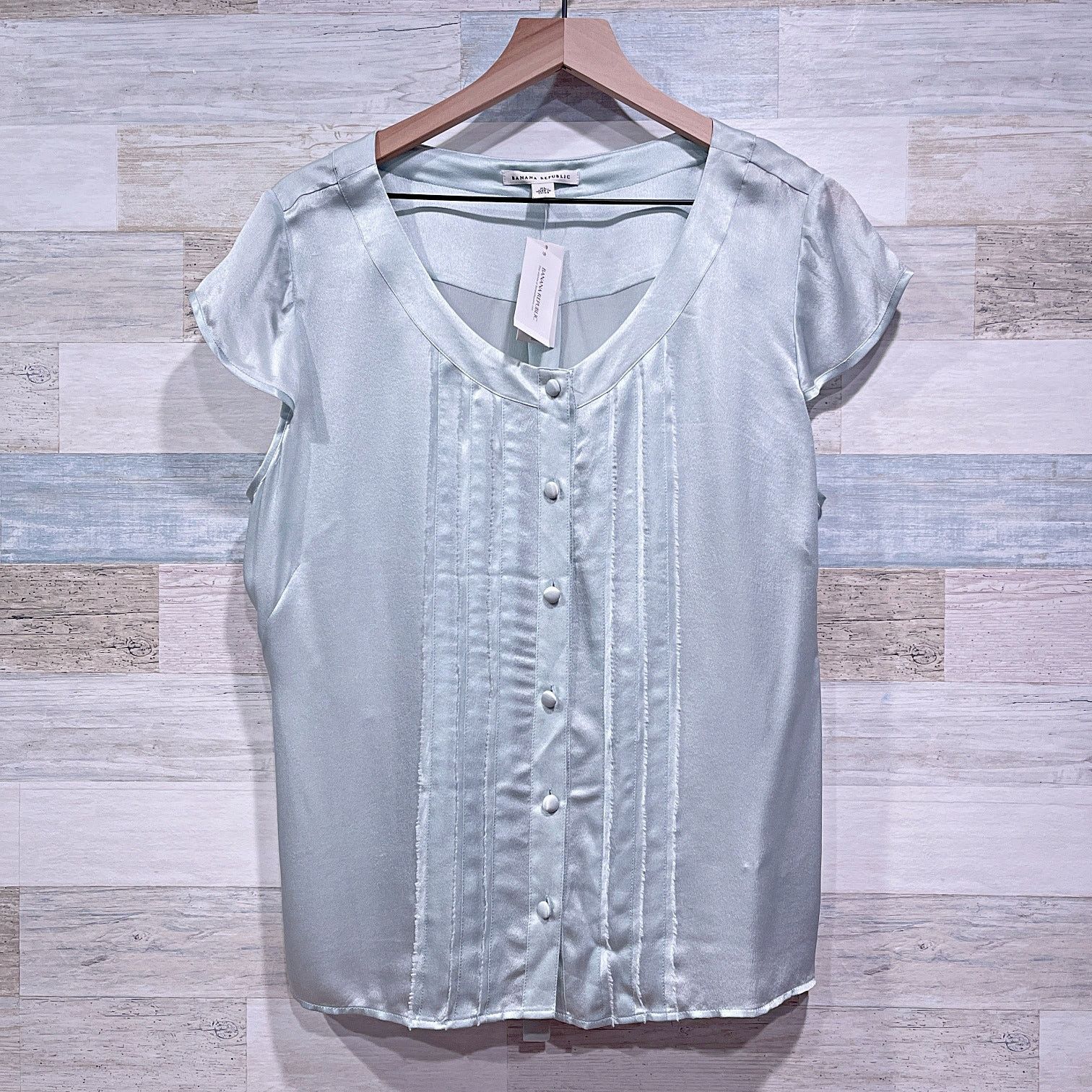 BANANA REPUBLIC Silk Pleated Fringe Blouse Blue Womens XL