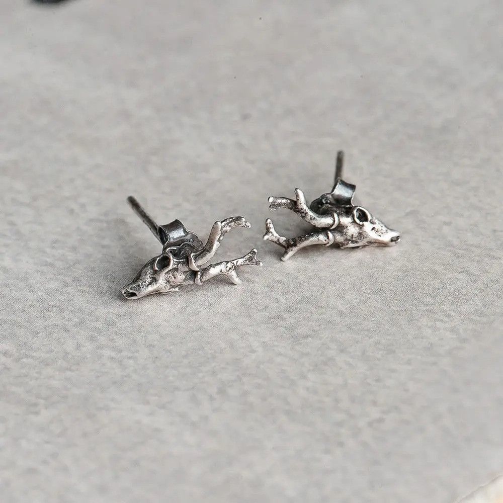 Jewelry Deer Skull Stud Earrings 925 Sterling Ear Studs Charm Size ONE SIZE - 2 Thumbnail