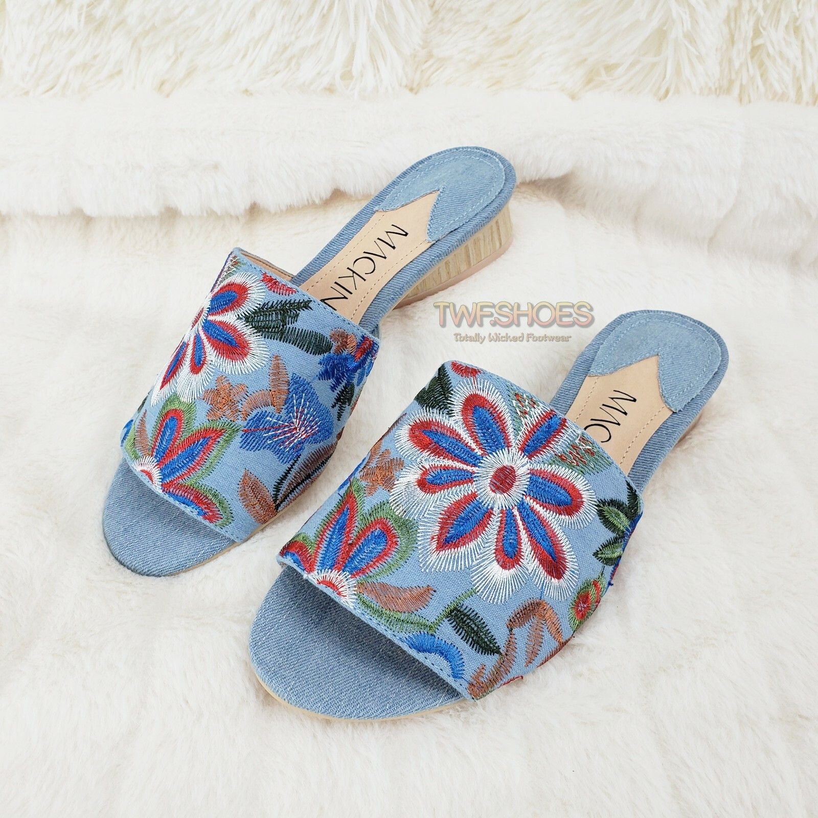 Other Mac J Denim Slip On Flats Mules Clog Slipper Embroidered Flo Size US 8 / IT 38 - 1 Thumbnail