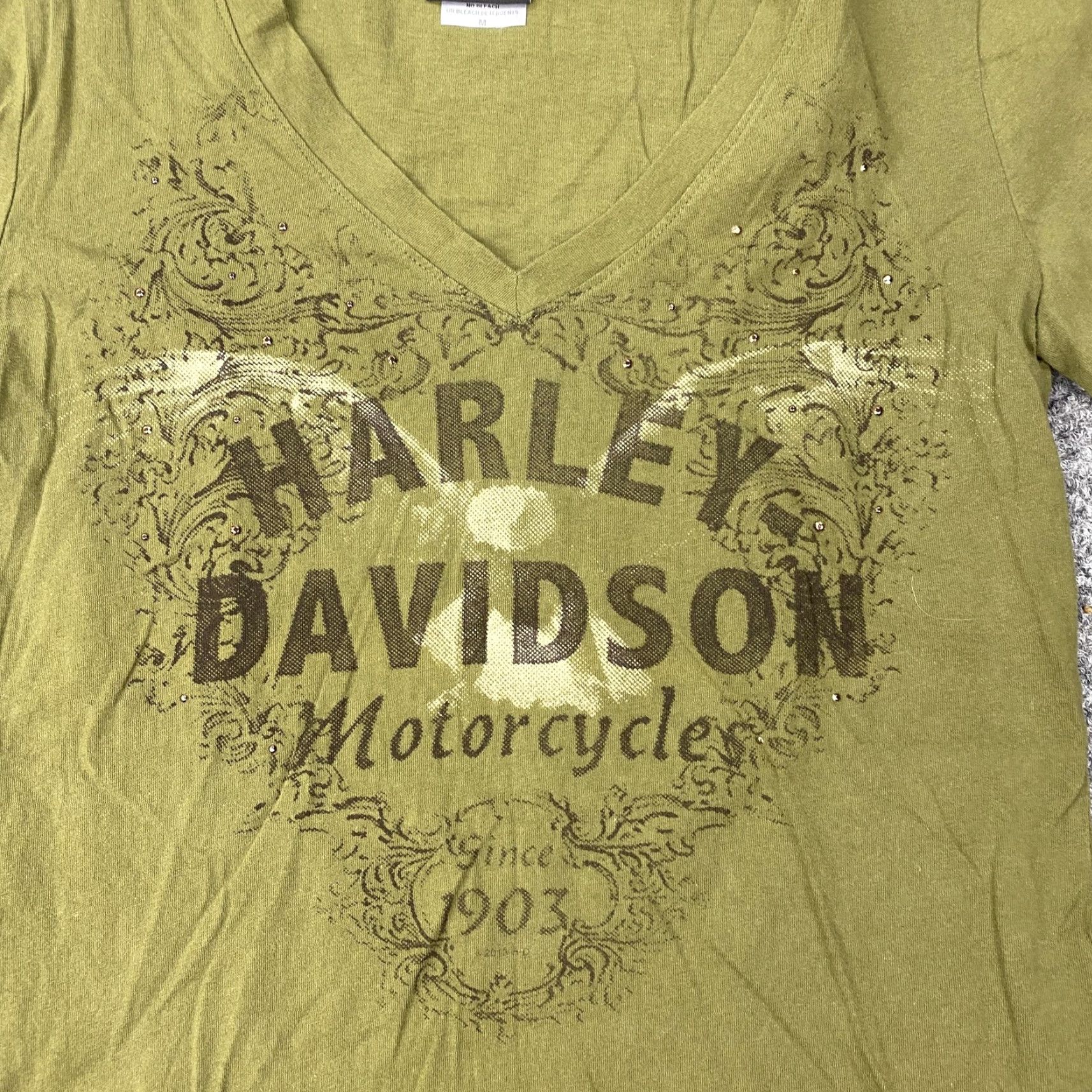 Harley Davidson Harley-Davidson Shirt Womens Medium Green Long Sleeve V-Neck USA Made PA Gatto Size M / US 6-8 / IT 42-44 - 2 Thumbnail