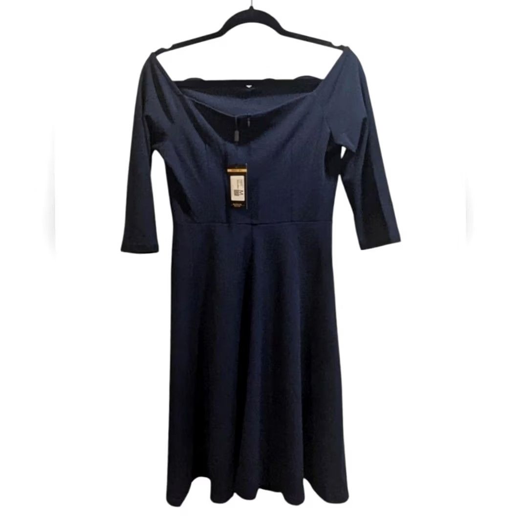 Vintage Navy Blue Off the Shoulder Midi Dress Womens M NWT A-Line Fit & Flare 50s Party Cocktail Formal Wedding Zip Scalloped Knit Polyester Blend Size M / US 6-8 / IT 42-44 - 2 Thumbnail