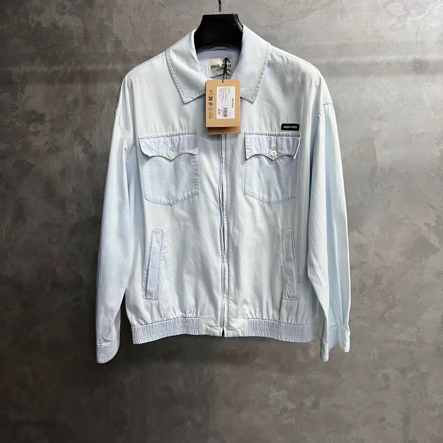 MIU MIU Light Blue Logo Oversized Zip LS Jkt