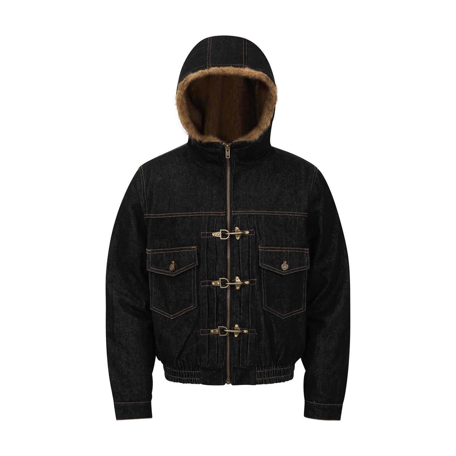 Fur-Lined Hooded Fireman Clasp Denim Bomber Jacket