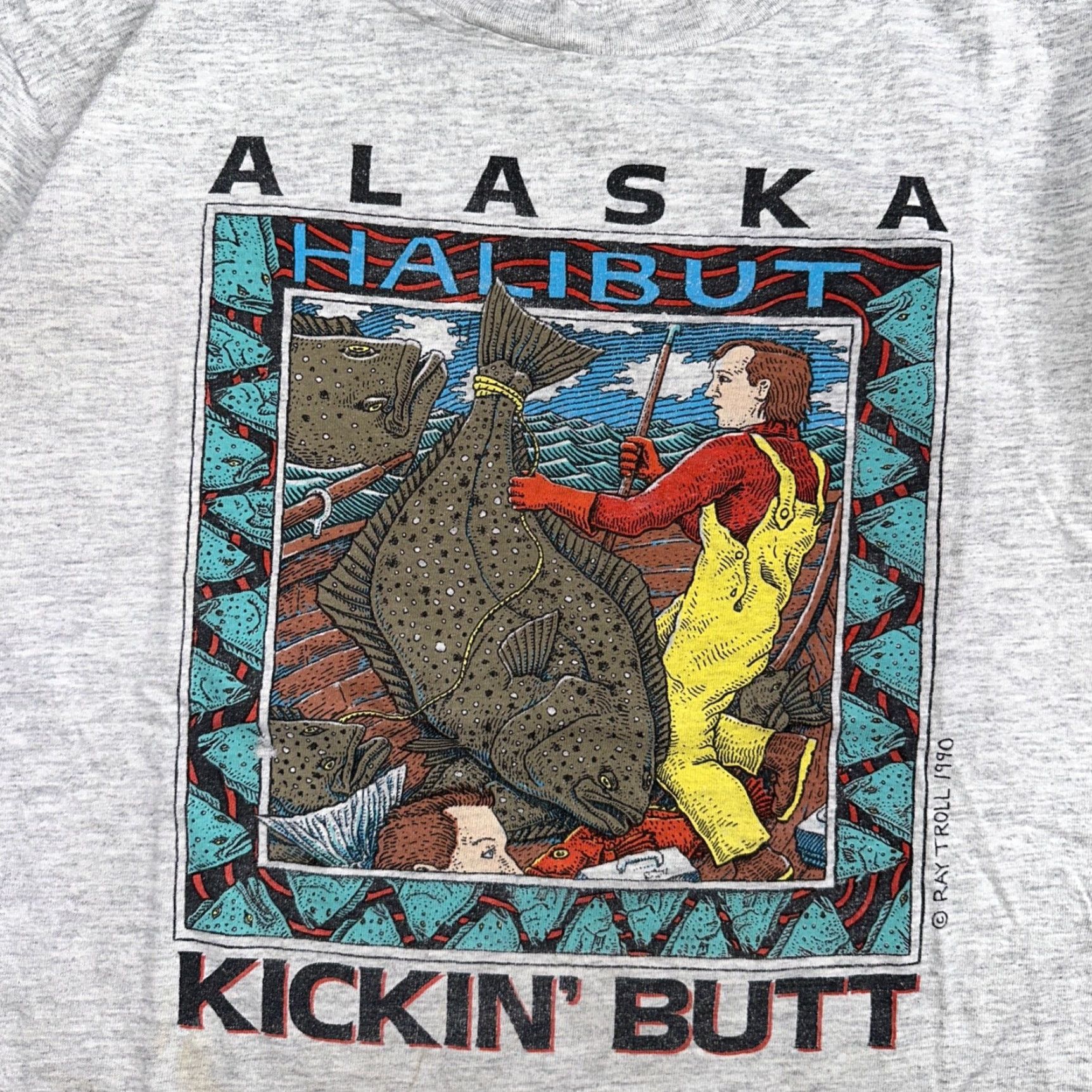 Lee VINTAGE Lee T-Shirt Men Medium Gray Fish Graphic 90s Alaska Halibut Kickin Butt Summer Fall Winter Spring Size US M / EU 48-50 / 2 - 2 Thumbnail