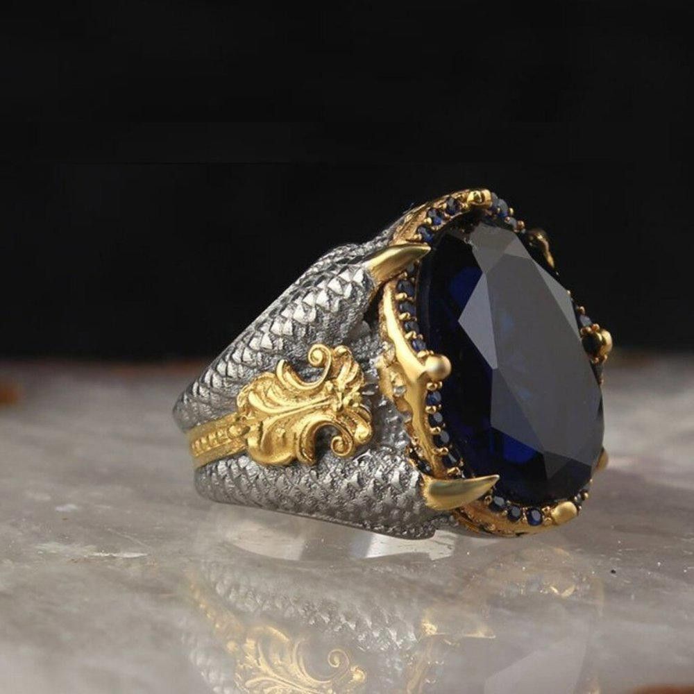 Designer Men's Handmade Blue Sapphire Open Two-Tone Ottoman Ring Size ONE SIZE - 10 Thumbnail