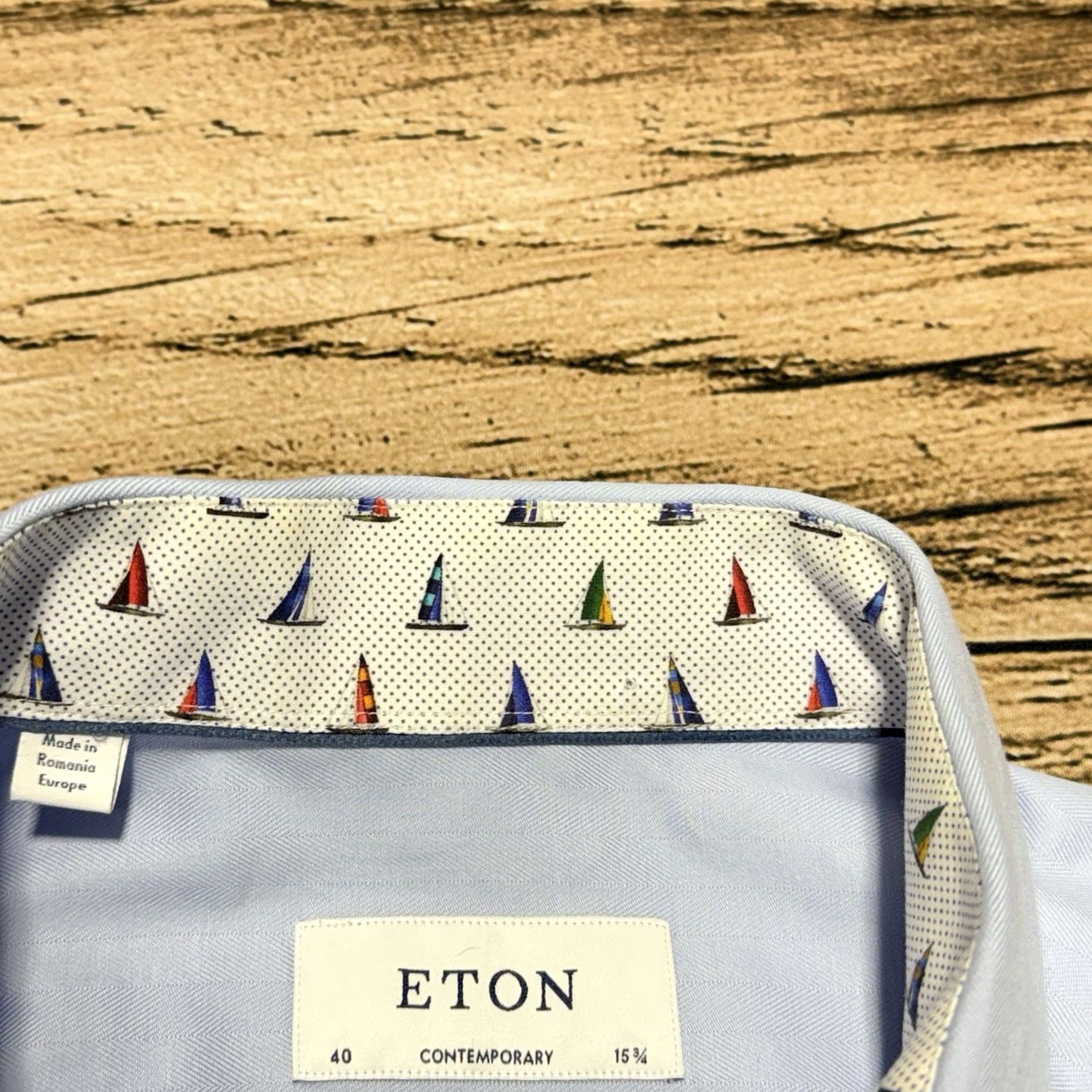 Eton Etón Dress Shirt Mens 40 Blue Contemorary Barrel Cuff Sailboat Print Long Sleeve Regular Colorful Voyage 15 3/4 40 Men Shirts Size 40R - 3 Thumbnail