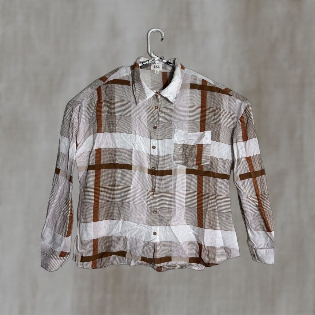 BKE BKE Buckle Females Long Sleeve Button-Up Top Striped Brown White Rayon L Womens Shirt Size L / US 10 / IT 46 - 1 Thumbnail