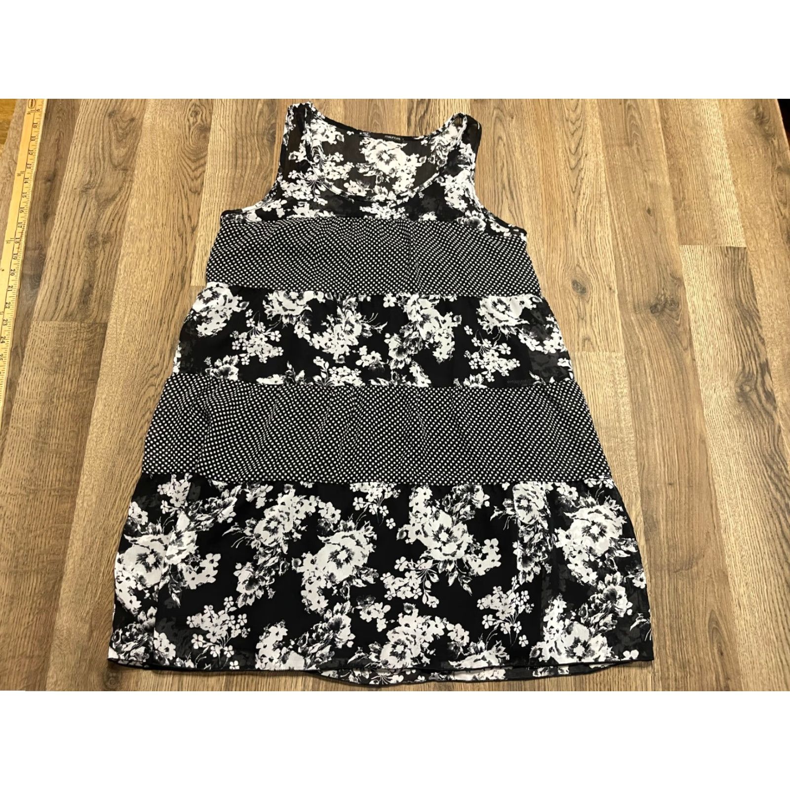 Vintage Maurices Dress Women's Size Medium Black White Floral Sleeveless Casual A-Line Knee Length Fall Summer Spring Womens Size M / US 6-8 / IT 42-44 - 2 Thumbnail