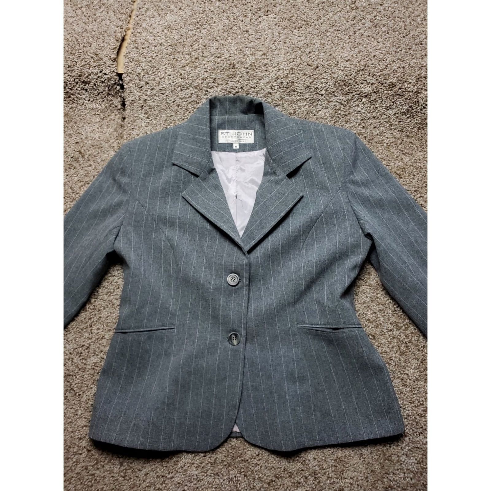 Vintage VINTAGE St John Blazer Wool Gray Striped 2 Button Medium Womens Short Sleeve? Size M / US 6-8 / IT 42-44 - 3 Thumbnail