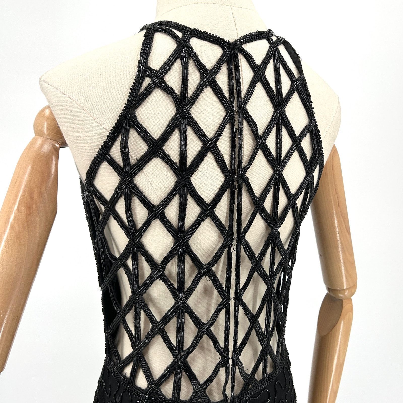 Vintage Vintage 90s Black 100% Pure Silk Beaded Lattice Back Gown Size S / US 4 / IT 40 - 2 Thumbnail