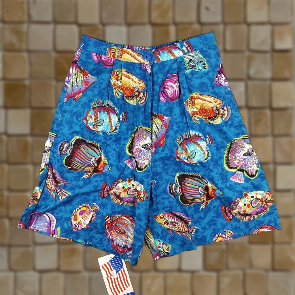 Vintage VINTAGE Infinity Chic Fish Print Pleated Lounge Shorts Women's Small Blue Retro 90s Ocean Beach Size 28" / US 6 / IT 42 - 1 Thumbnail