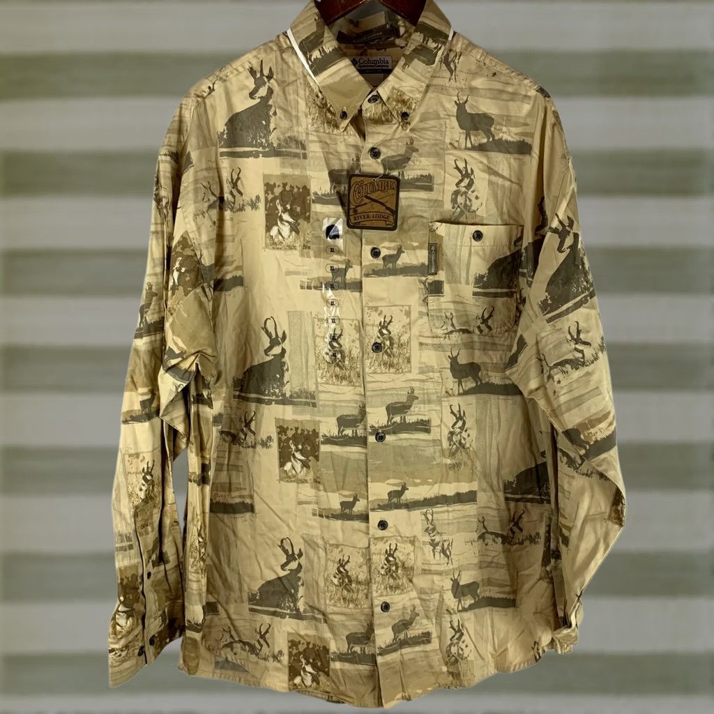 Vintage Columbia Button-Down Shirt Mens XL Tan Prairie Goat Print River Lodge HM7106-115 Size US XL / EU 56 / 4 - 1 Thumbnail