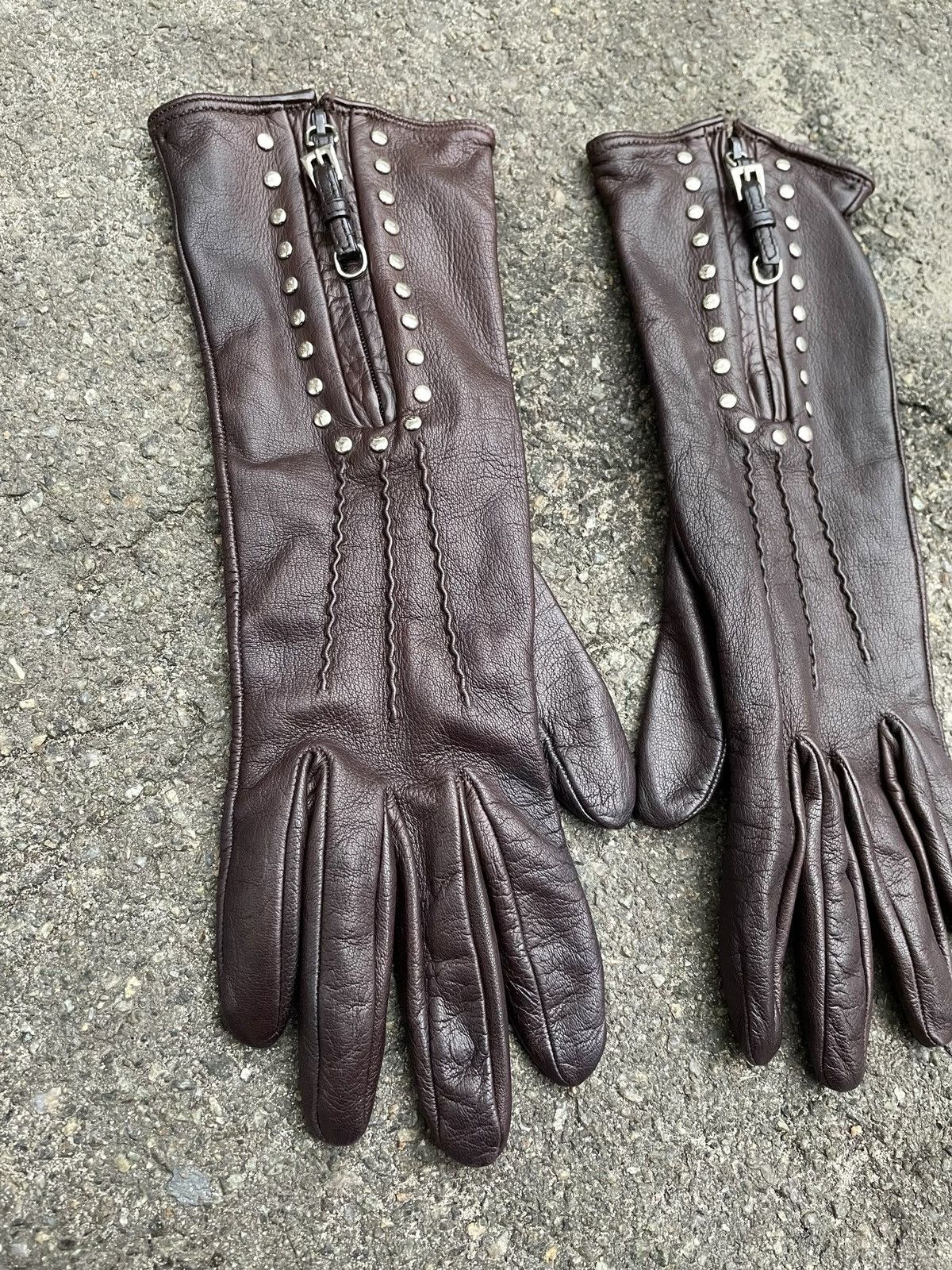 Genuine Leather × Prada Prada Brown Chokolate Leather Zip Gloves Made in Italy 6.5 Size ONE SIZE - 2 Thumbnail