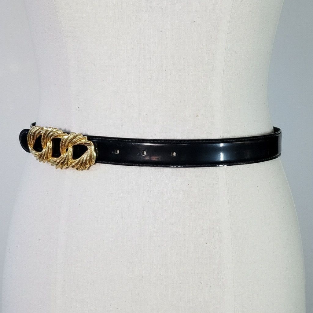 Other Crown Pacific 30-34" Belt Vintage Patent Leather Black Gold Size ONE SIZE - 4 Thumbnail