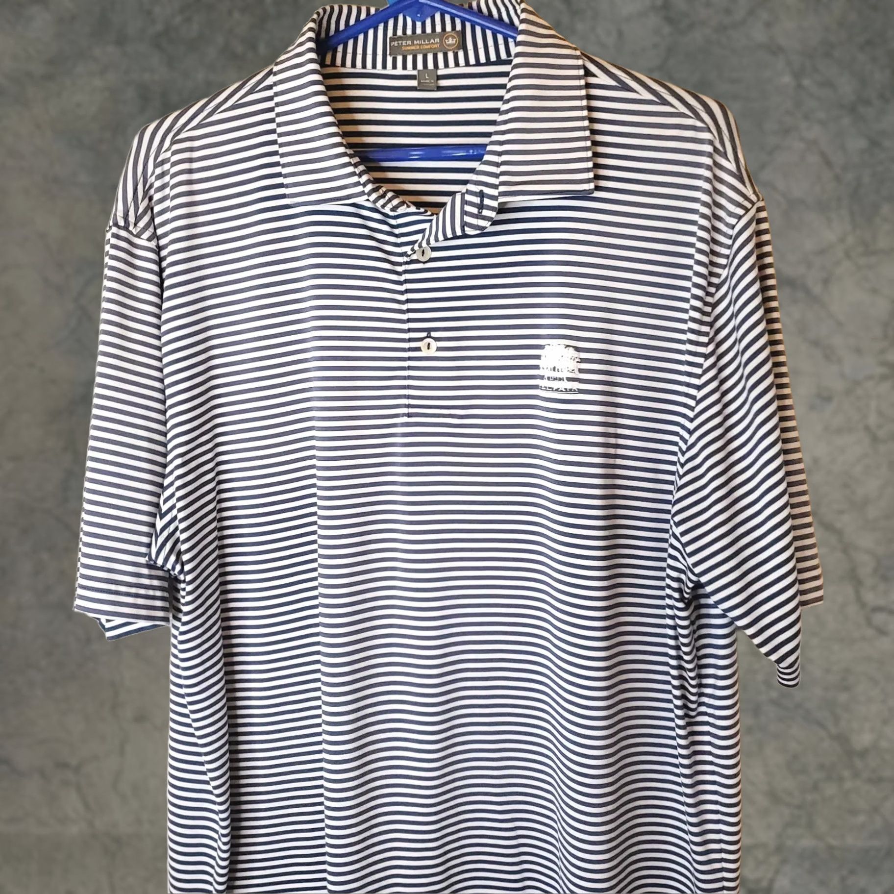 Peter Millar Peter Millar Summer Comfort Polo Shirt Navy Blue White Striped Golf L Crown Shirt Mens L Blue White Striped Polo Size US L / EU 52-54 / 3 - 1 Thumbnail